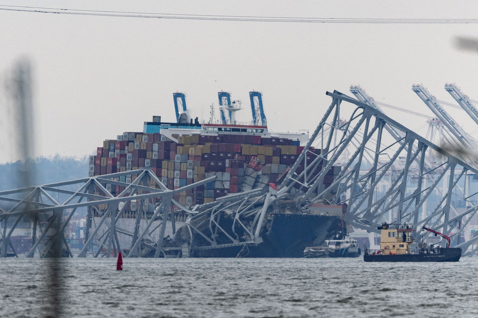 A view of the Dali cargo vessel, following the collapse of the Francis Scott Key Bridge, in Baltimore, as seen from Riviera Beach, Maryland, U.S., March 28, 2024. 