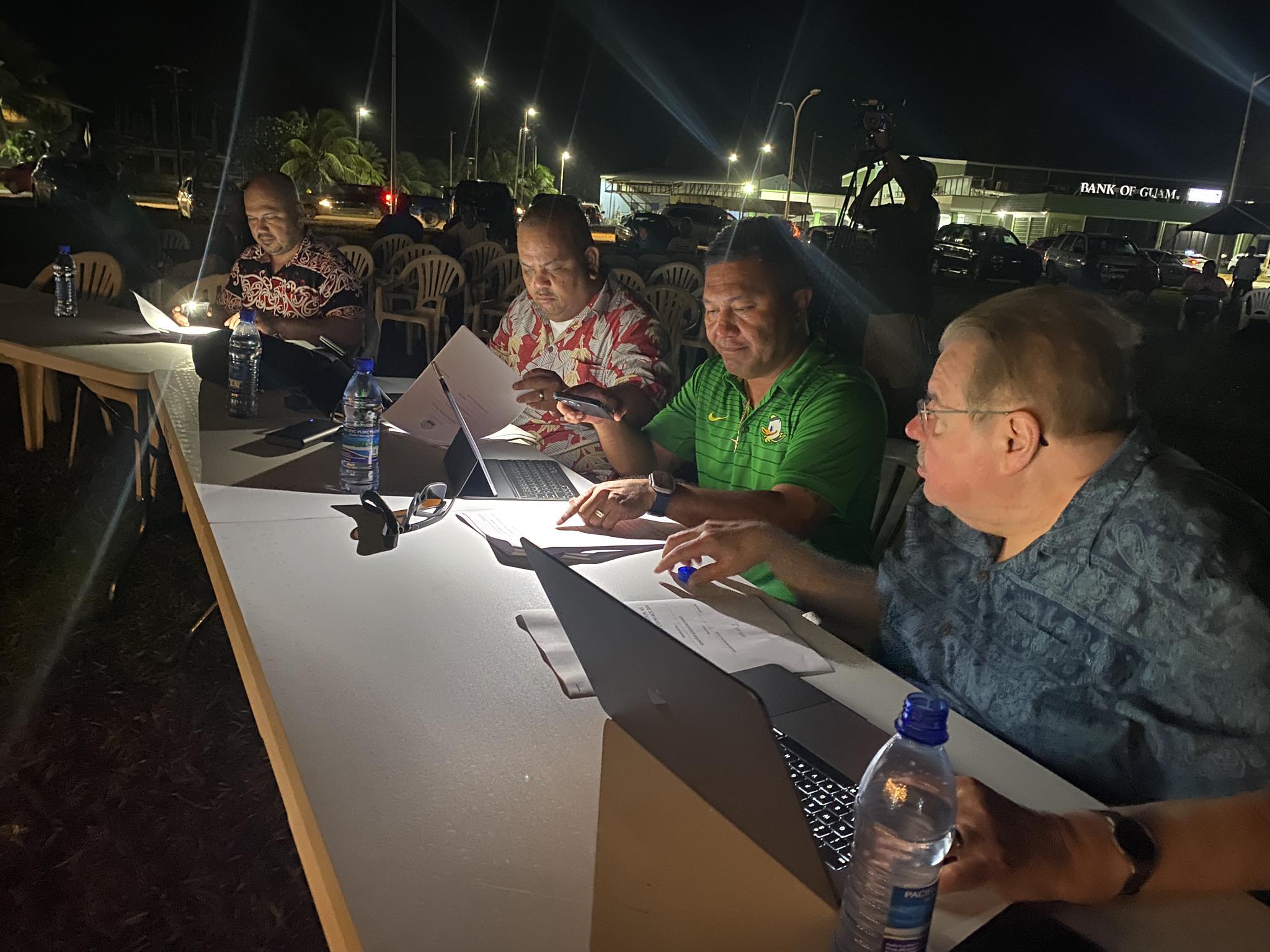The parliament is leading a series of public hearings on the new Compact funding agreement with the United States. Shown here, at an outdoor public hearing March 21 in Majuro are, from left: Marshall Islands Attorney General Bernard Adiniwin, Ambassador to the United States Charles Paul, Foreign Minister Kalani Kaneko, and legal advisor Gregory Danz.