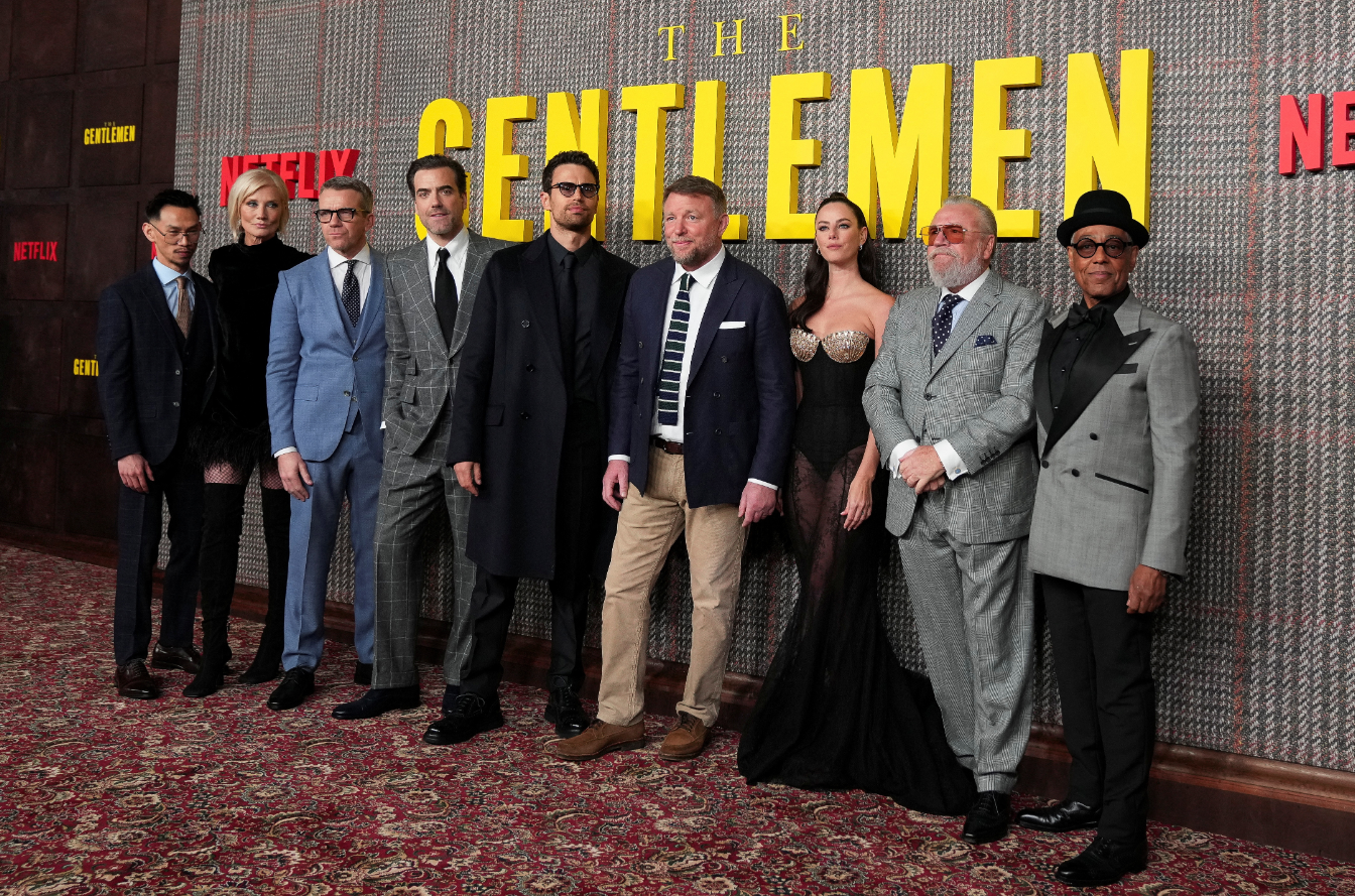 Director Guy Ritchie and cast members Michael Vu, Joely Richardson, Max Beesley, Daniel Ings, Theo James, Kaya Scodelario, Ray Winstone and Giancarlo Esposito attend the premiere of the TV series "The Gentlemen" in London, Britain, March 5, 2024.