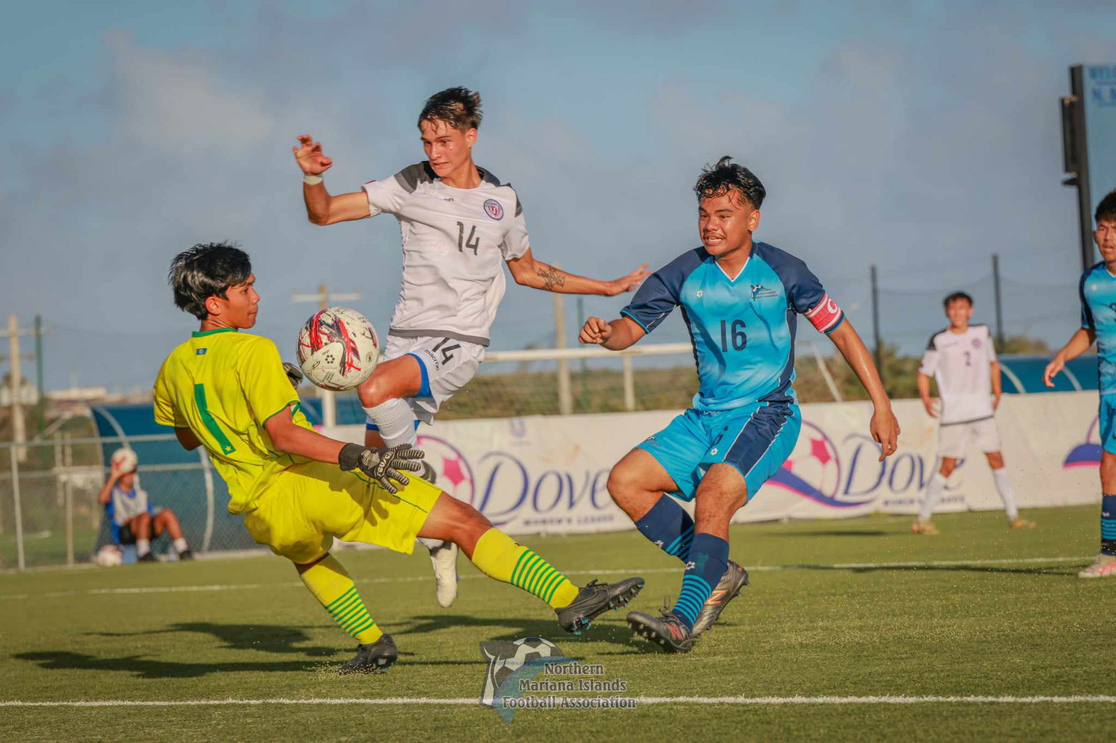 Guam's Curtis Harmon reaches out for the interception against Team NMI during a friendly match held over the weekend at the NMI Soccer Training Center in Koblerville.