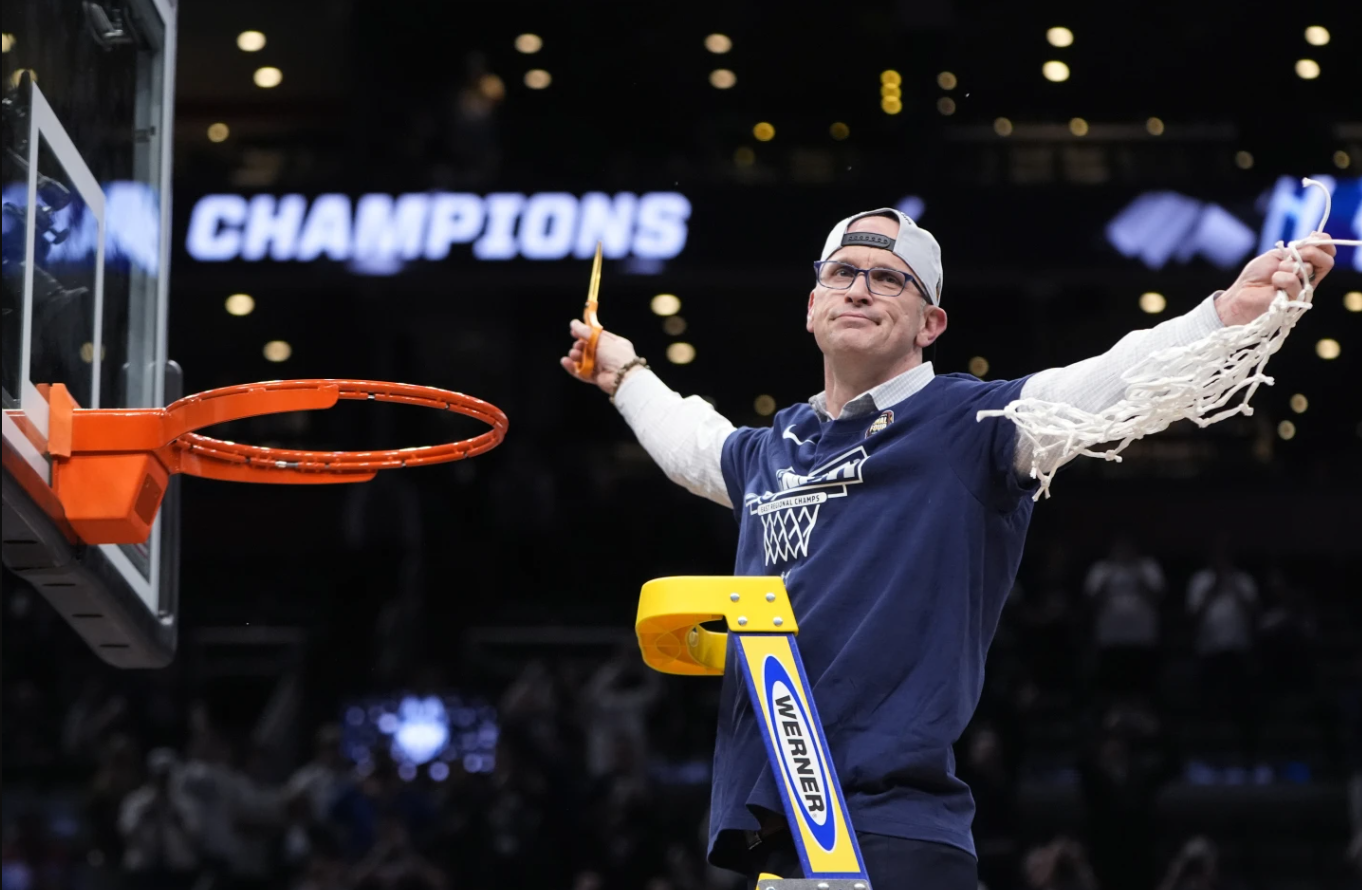 UConn head coach Dan Hurley celebrates after defeating Illinois in an Elite 8 college basketball game in the men’s NCAA tournament, Saturday, March 30, 2024 in Boston.
