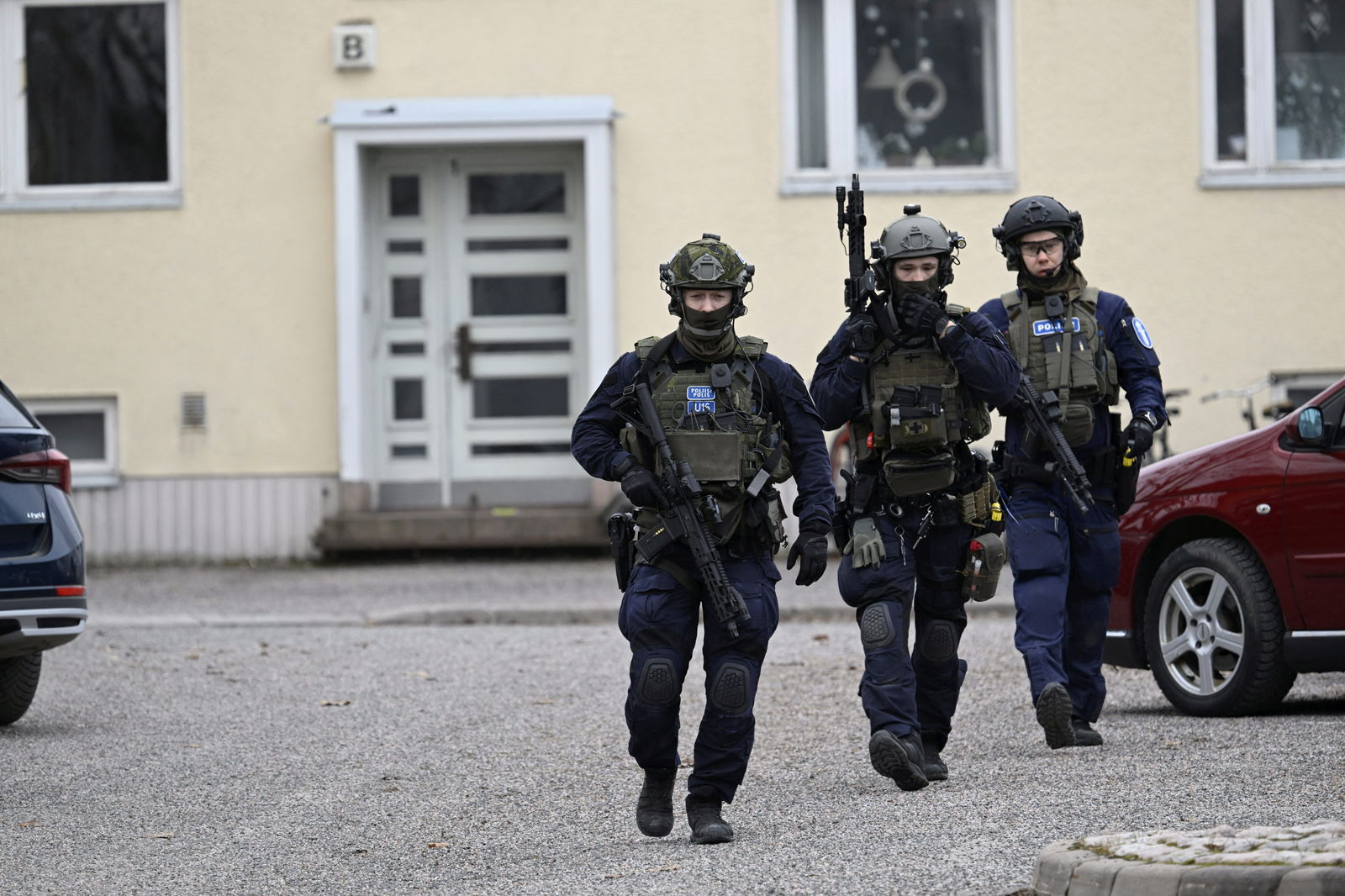 Police officers operate at the Viertola comprehensive school in Vantaa, Finland, on April 2, 2024. Three minors were injured in a shooting at the school on Tuesday morning. A suspect, also a minor, has been apprehended. 