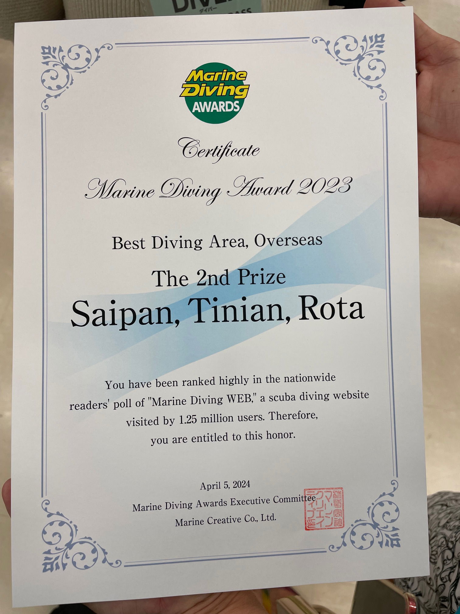 The Marianas — Saipan, Tinian, and Rota — was voted #2 Best Diving Area Overseas at the Marine Diving Awards on April 5, 2024. 