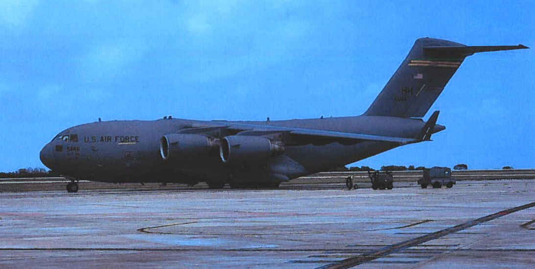 A U.S. Air Force C-17 Globemaster III at the Francisco C. Ada/Saipan International Airport, April 10, 2024.