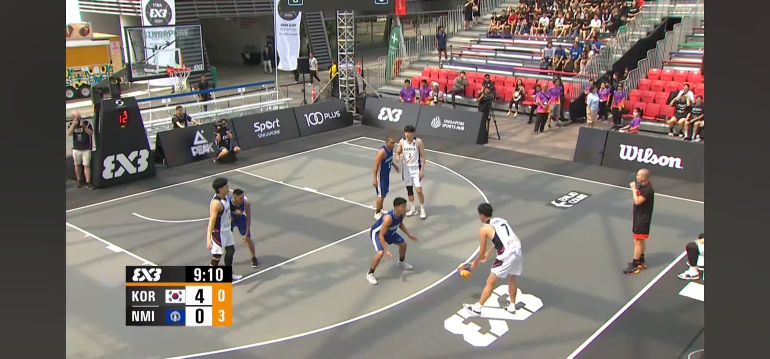 Team NMI guards against South Korea during a FIBA 3x3 Asia Cup 2024 game in Singapore on March 27, 2024.