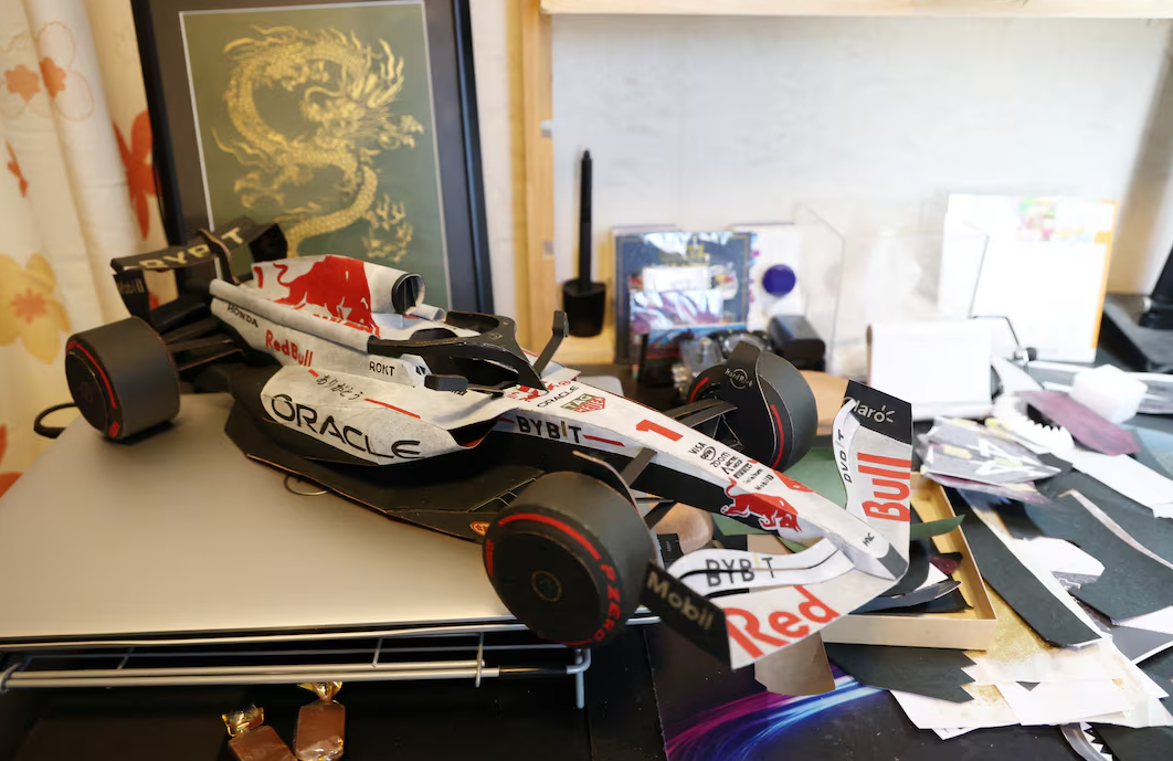 Formula One paper model made with Ise Katagami by Kenji Tanaka is pictured at his house in Suzuka, Japan on March 27, 2024.