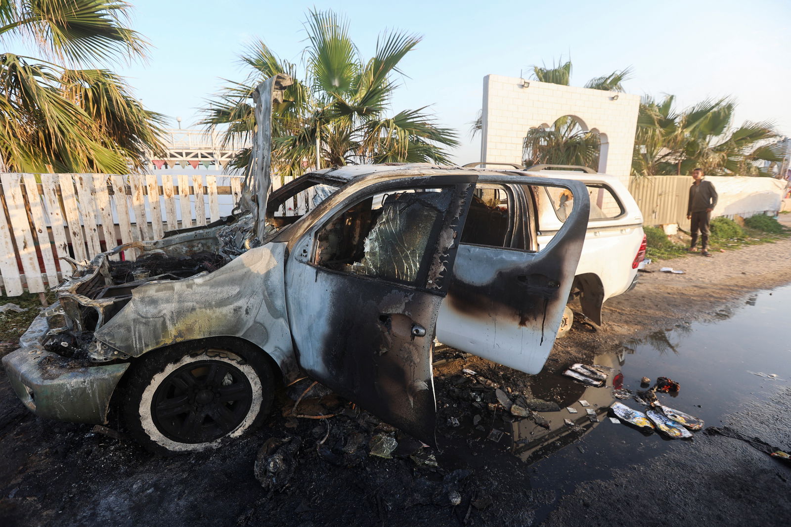 A vehicle damaged in an Israeli airstrike in Deir Al-Balah, Gaza, April 2, 2024. 