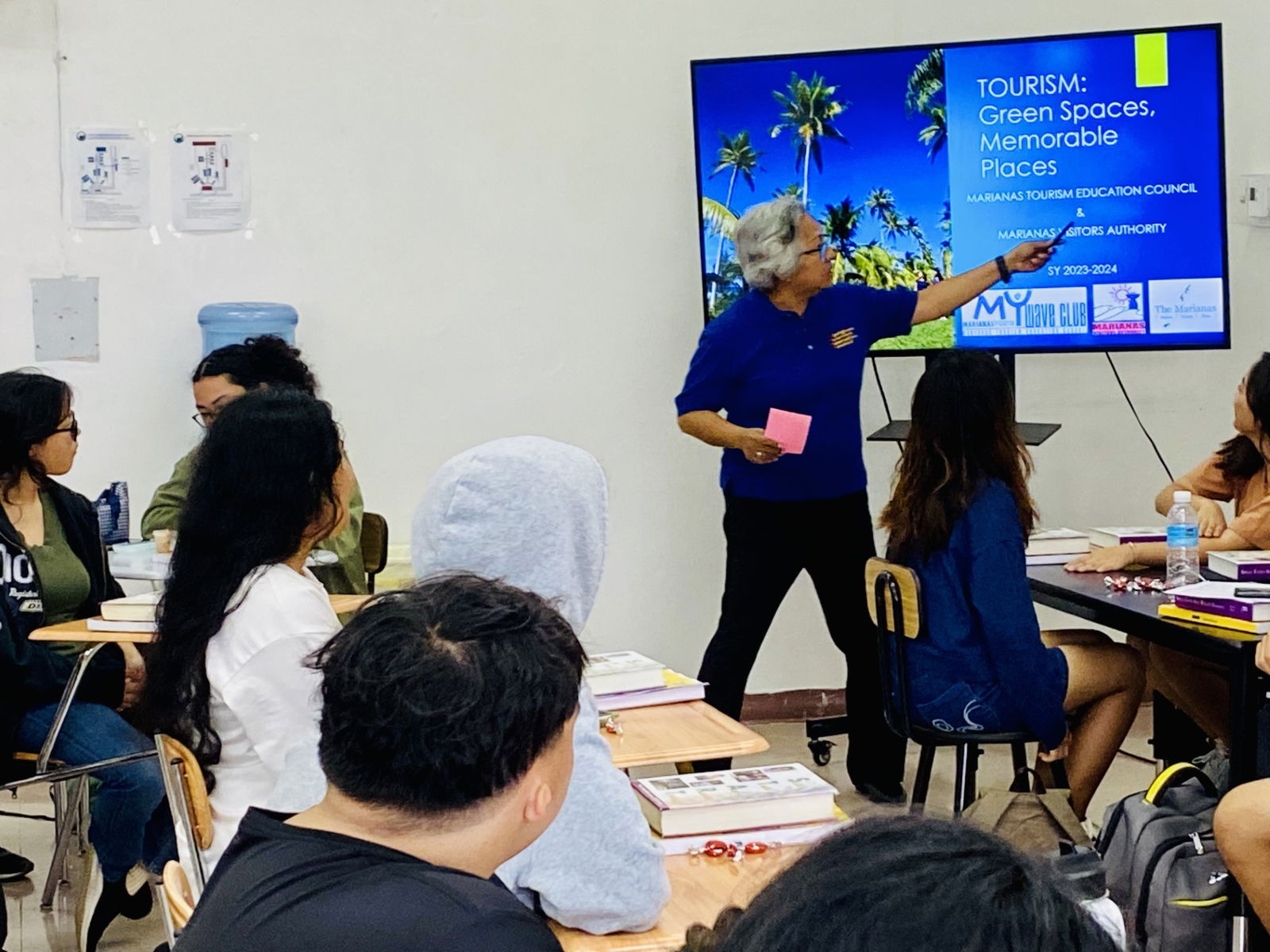 Marianas Tourism Education Council Chairwoman Vicky Benavente engages the Hospitality & Tourism Class of Saipan Southern High School during the educational outreach presentation of MTEC and the Marianas Visitors Authority on April 11, 2024, at the school in Koblerville, Saipan.