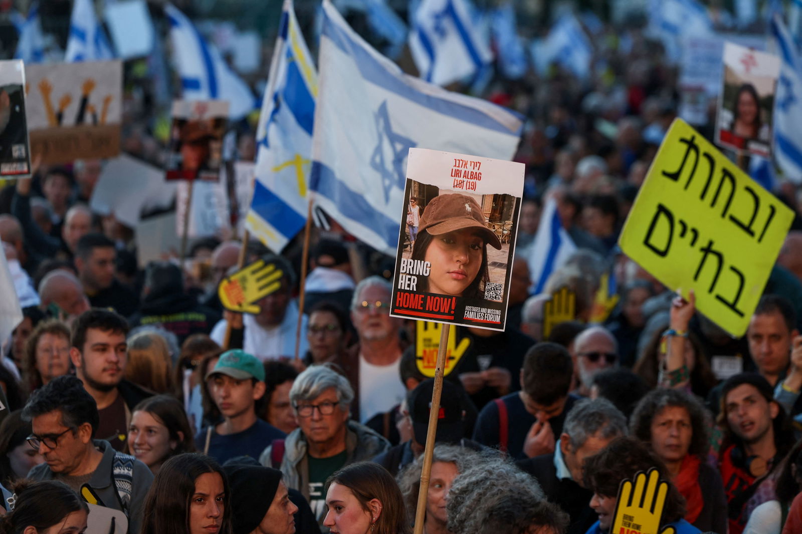 Israelis rally for the immediate release of the hostages, six months after they were kidnapped during the deadly October 7 attack on Israel by Palestinian Islamist group Hamas from Gaza, near the Knesset, Israel's parliament in Jerusalem, April 7, 2024. 