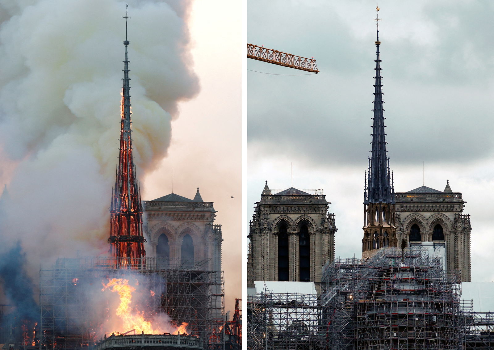 FILE PHOTO: A combination picture shows smoke billowing as fire engulfs the spire of Notre Dame Cathedral in Paris, France, April 15, 2019 (top) and a view of the new spire, surmounted by the rooster and the cross as restoration works continue at the Notre-Dame de Paris Cathedral in Paris, France, March 30, 2024. 