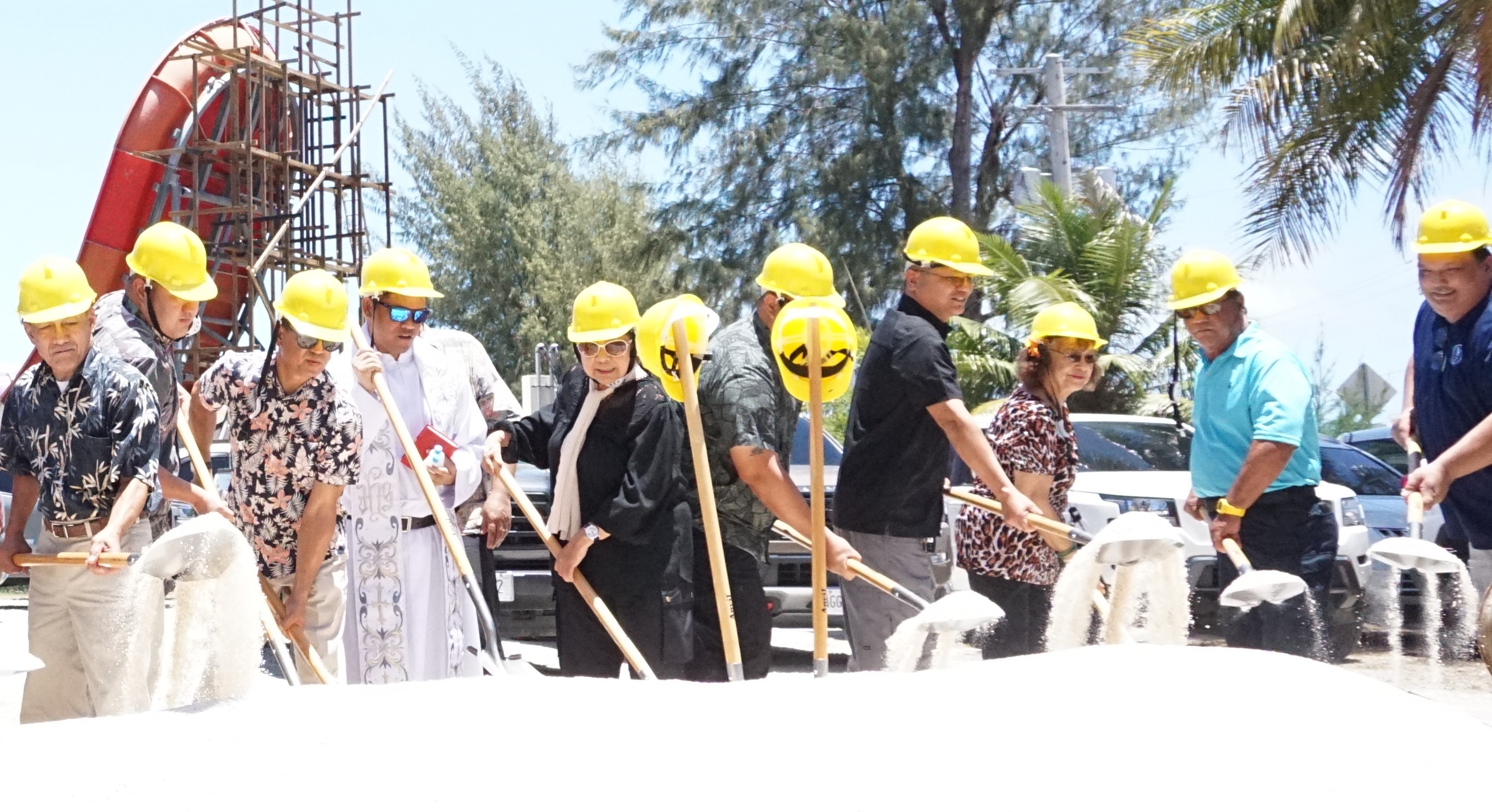 Rep. Vicente Camacho, Rep. Manny Castro, Department of Public Works Secretary Ray N. Yumul, Father Arman Hagos, Saipan and Northern Islands Municipal Council Vice Chairwoman Antonia Tudela, Rep. Diego Vincent F. Camacho, Rep. Vincent S. Aldan, Saipan and Northern Islands Municipal Council  Chairwoman Marianne DLG Tudela, Saipan Mayor Ramon Blas "RB" Camacho and Office of Grants Management Administrator Epiphanio E. Cabrera Jr. participate in the groundbreaking ceremony for the Pakpak Beach Park and Koblerville Children's Park projects on Tuesday.