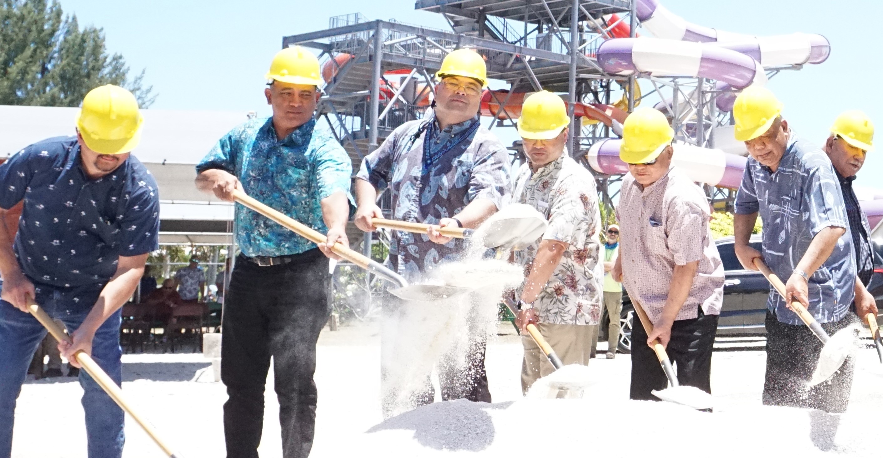 Gov. Arnold I. Palacios, third right, and Lt. Gov. David M. Apatang, second right, participate in a groundbreaking ceremony with House Floor Leader Edwin Propst, Rep. Joseph Flores, Speaker Edmund S. Villagomez, Department of Lands and Natural Resources Secretary Sylvan Igisomar, and Rep. Roman Benavente for the Pakpak Beach Park and Koblerville Children's Park projects on Tuesday.