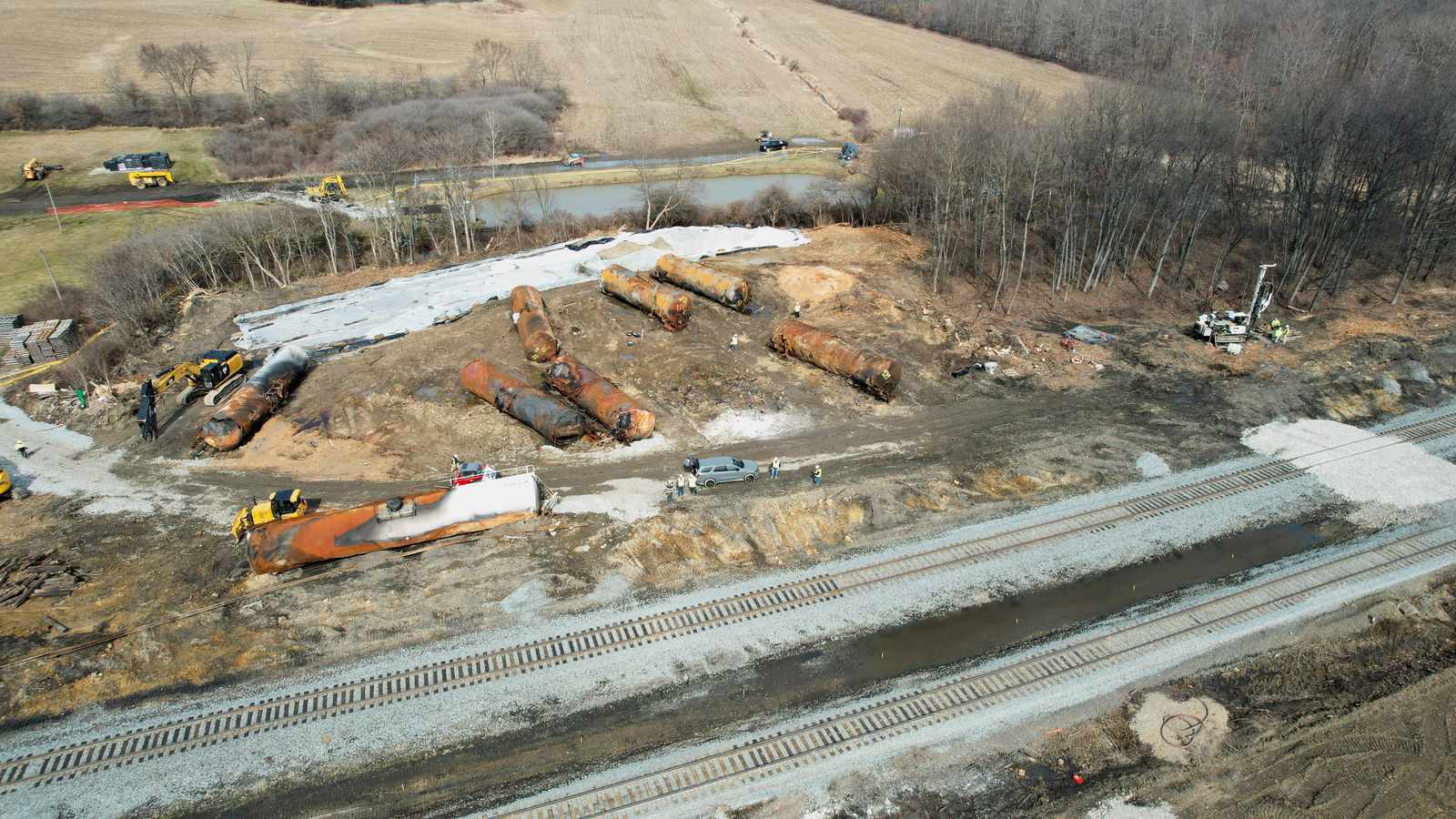 FILE PHOTO: General view of the site of the derailment of a train carrying hazardous waste, in East Palestine, Ohio, U.S., March 2, 2023.