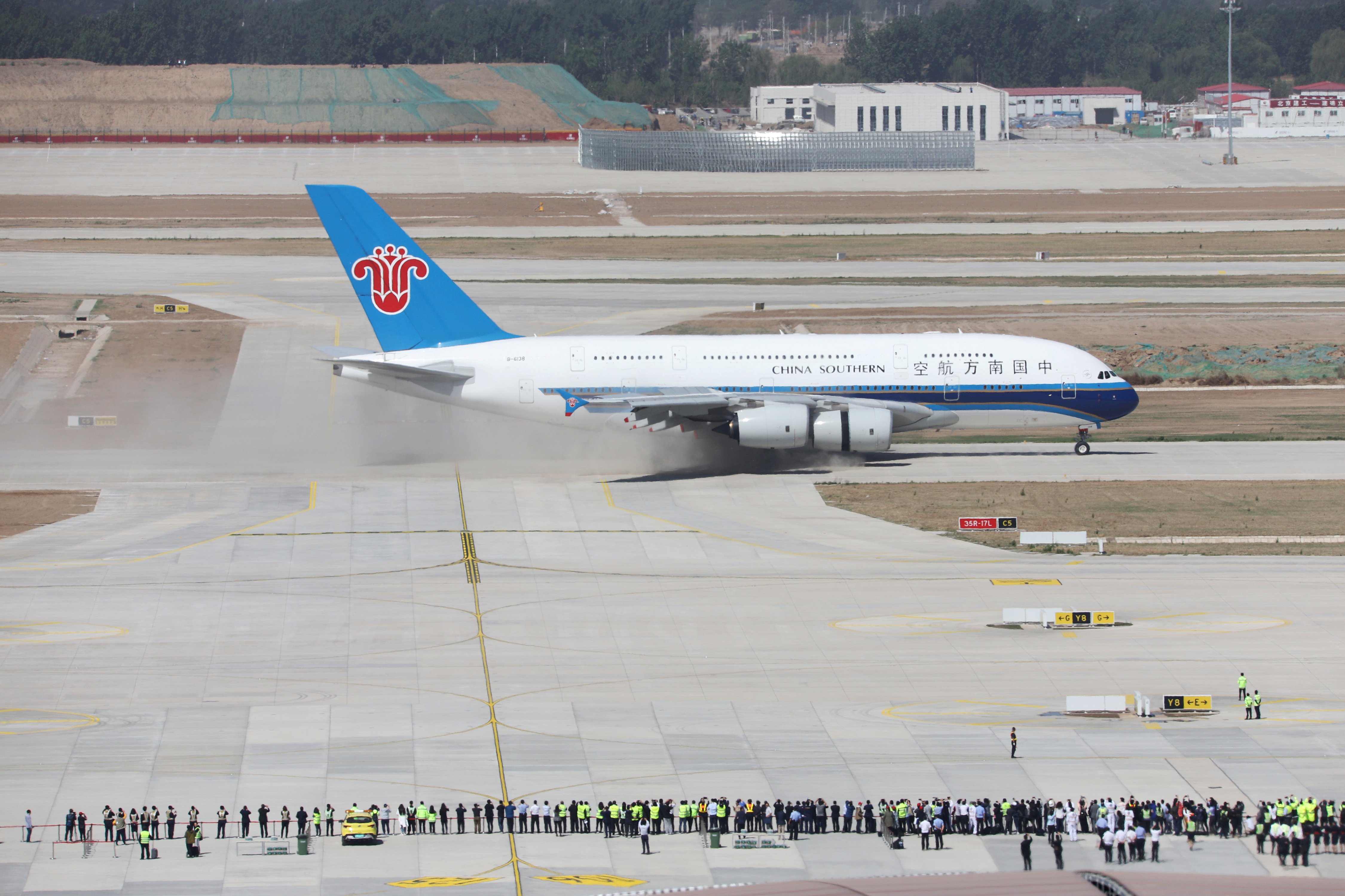 An Airbus A380-800 aircraft from China Southern Airlines lands at the Beijing Daxing International Airport that is under construction, during a test flight in Beijing, China May 13, 2019. 