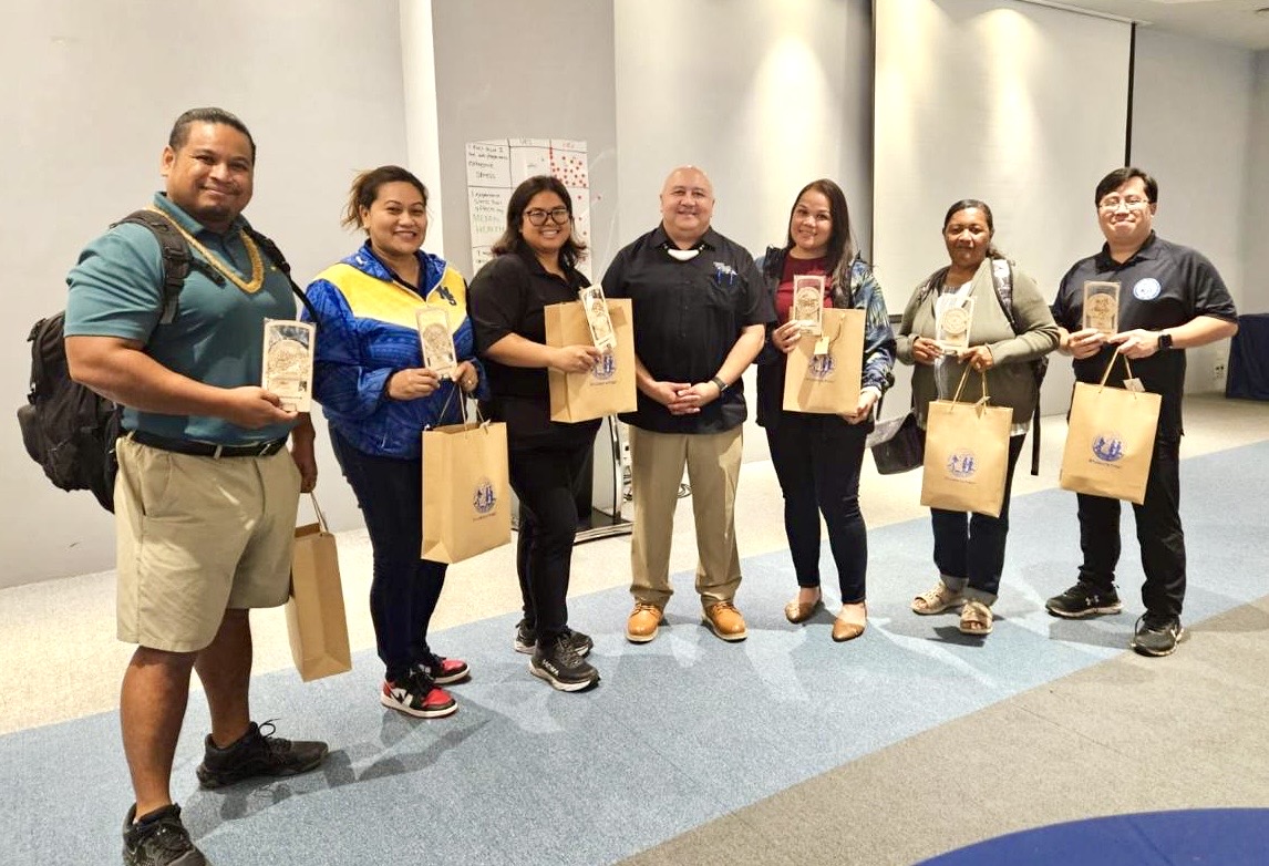 In recognition of their hard work, Commissioner of Education Dr. Lawrence F. Camacho and PSS presented tokens of appreciation to the vice principals. Photo shows Camacho with Vice Principals Dr. Ben Seman, Karen A. Manuel, Catherine Cabrera, Carla Sablan, Feliza Tellu and Ed Hofschneider.