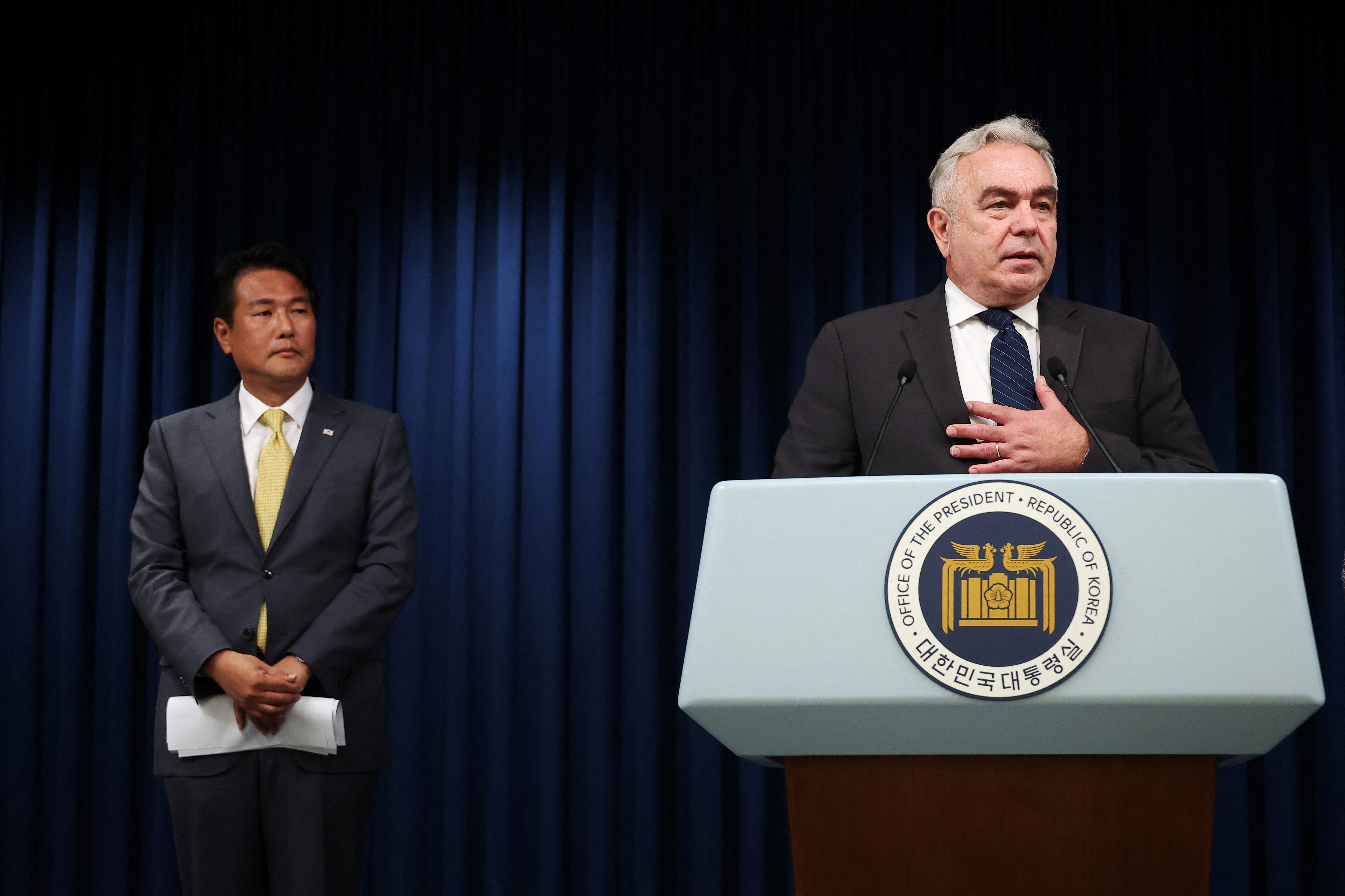 FILE PHOTO: U.S. National Security Council Coordinator for Indo-Pacific Affairs Kurt Campbell speaks as Principal Deputy National Security Adviser Kim Tae-hyo looks on during a press conference at the Presidential Office in Seoul, South Korea, July 18, 2023. 