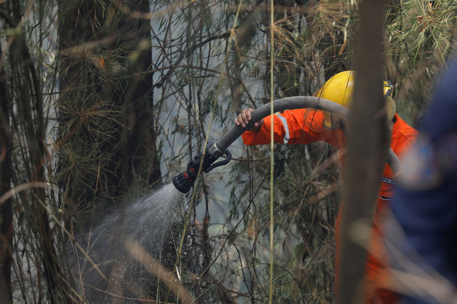 A volunteer of the Central University of Venezuela firefighter brigade battles a wildfire in the Henri Pittier National Park, in Maracay, Venezuela March 29, 2024. 
