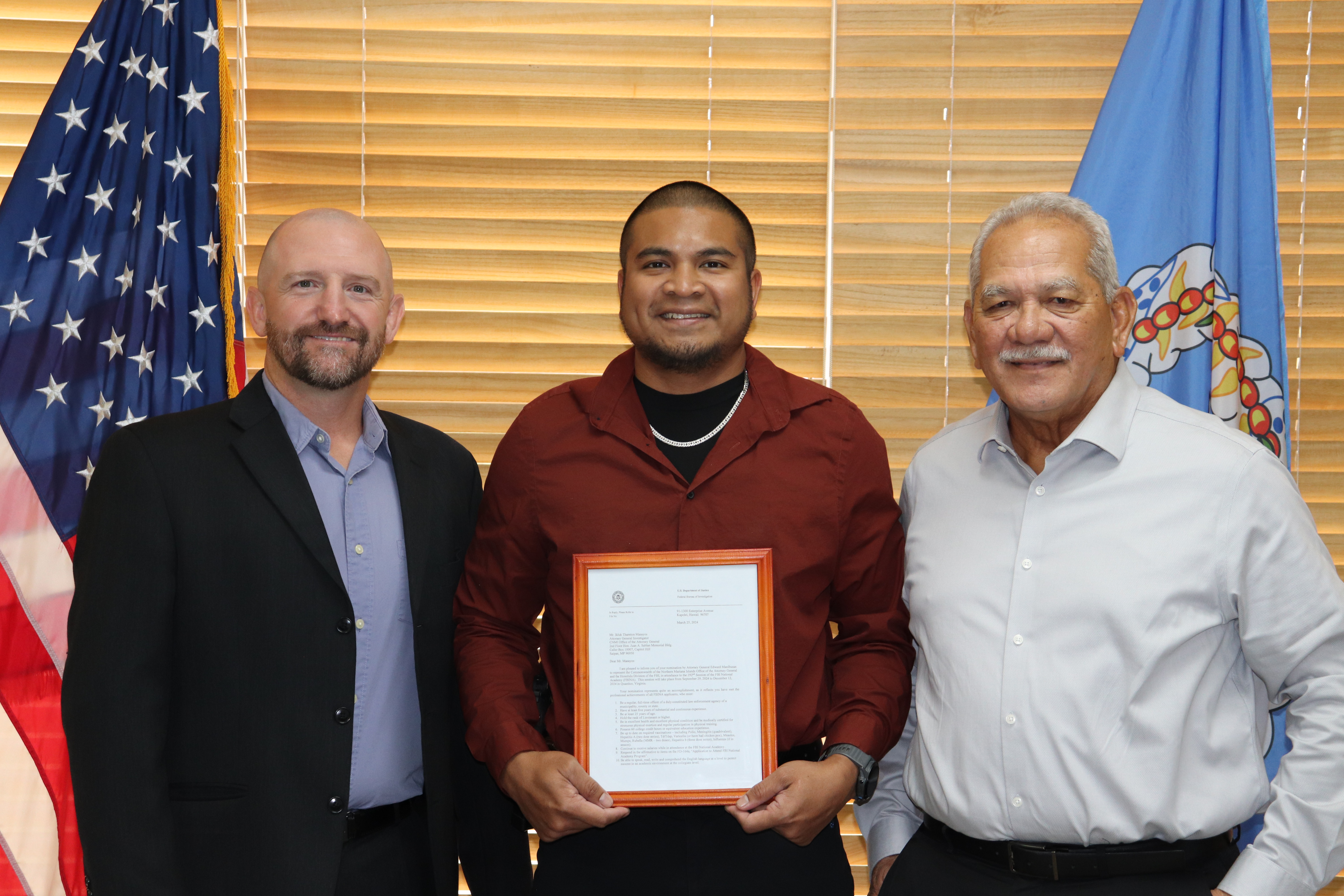 From left, Rick Bauer, senior resident agent, FBI Saipan; Ikluk Masayos, OAG chief investigator; and Edward Manibusan, CNMI attorney general.