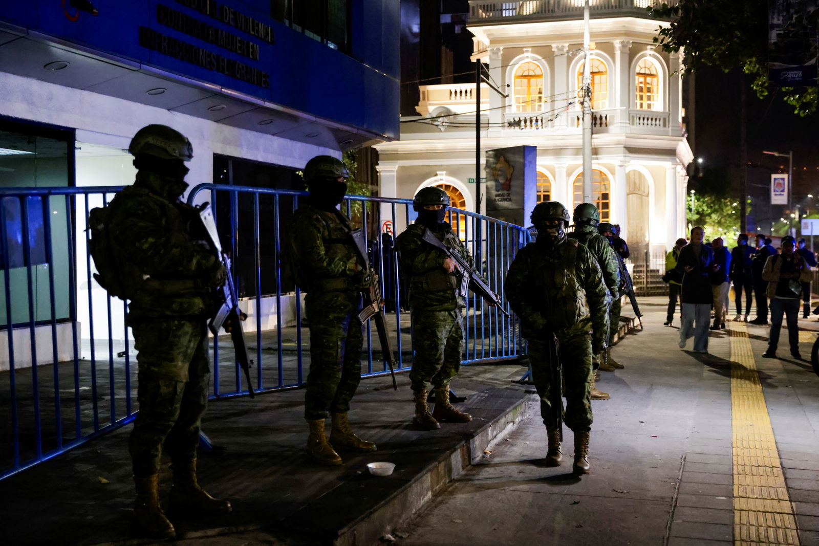 Military officials stand outside the Flagrancy Unit, where former Ecuador Vice President Jorge Glas is believed to be detained, in Quito, Ecuador April 5, 2024. 