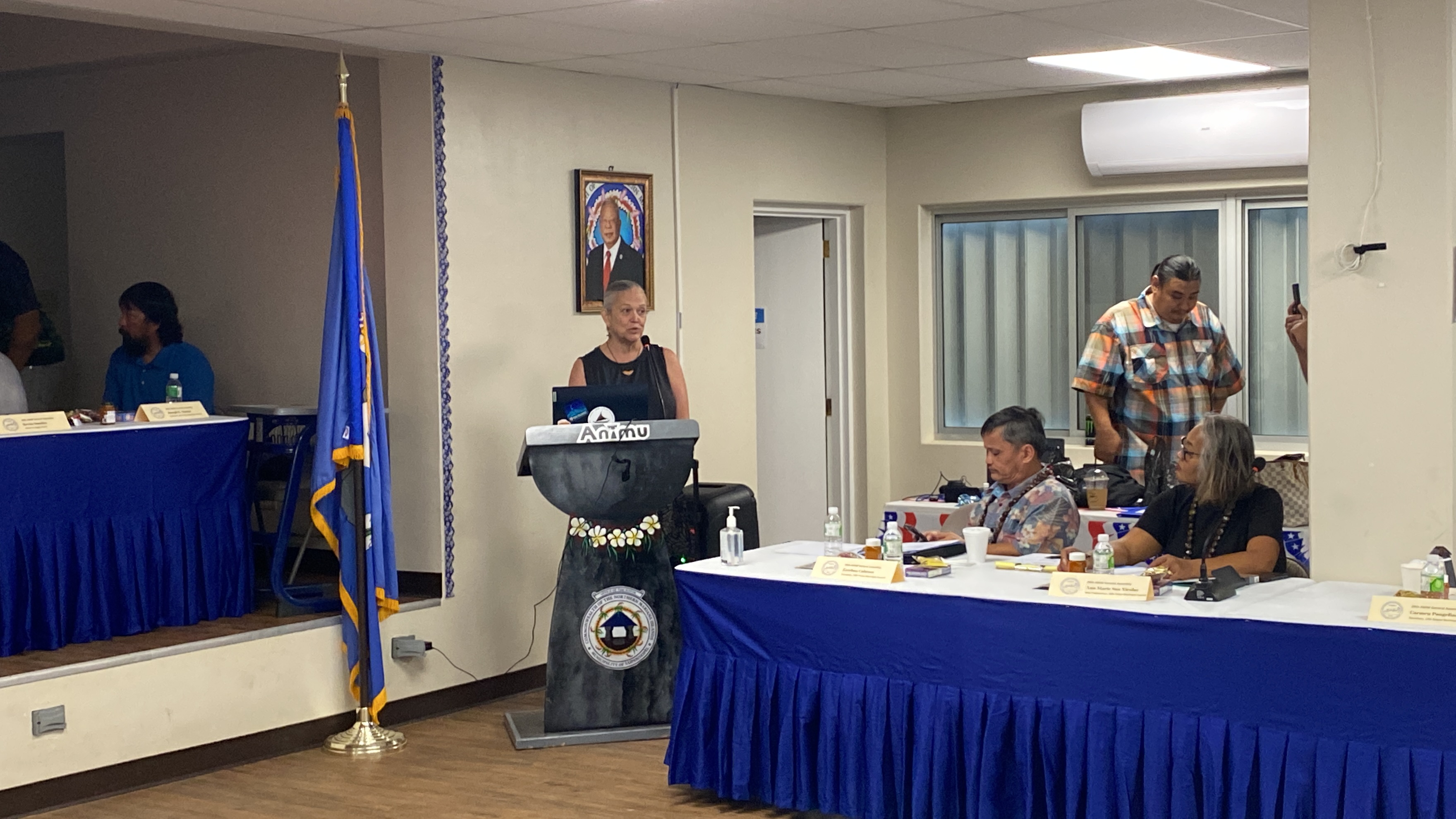 Emma Perez shares 500 Sails’ vision for a sustainable maritime economy with the Association of Mariana Islands Mayors, Vice Mayors and Elected Municipal Council Members during a meeting at the Koblerville Youth Center on Friday, April 19.