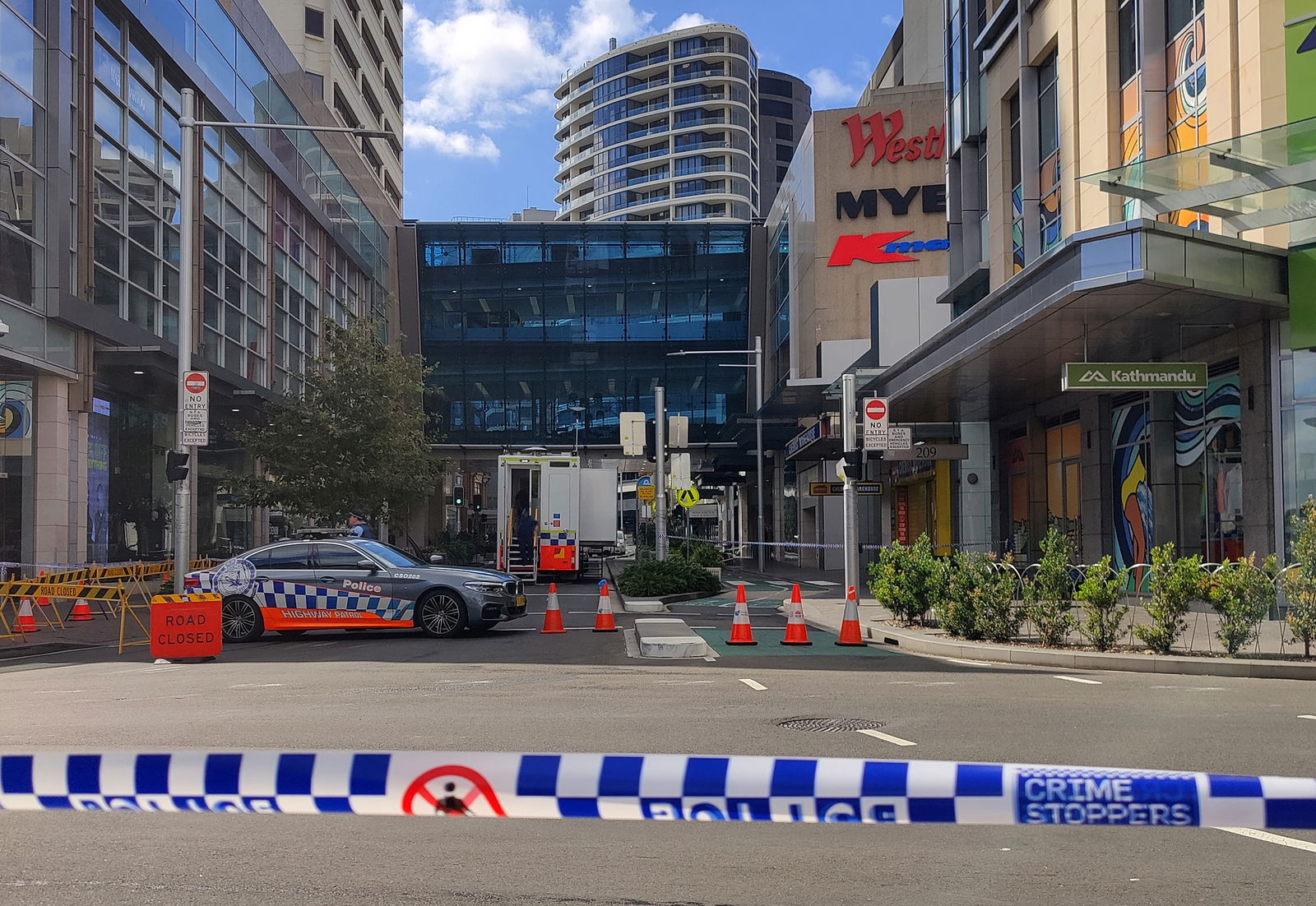A view of a police car outside Westfield Bondi Junction as the mall remains under lockdown following Saturday’s stabbings in Sydney, Australia April 14, 2024. 