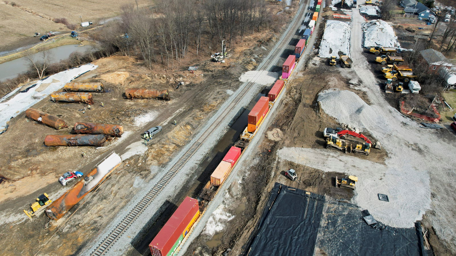 FILE PHOTO: General view of the site of the derailment of a train carrying hazardous waste, in East Palestine, Ohio, U.S., March 2, 2023. 