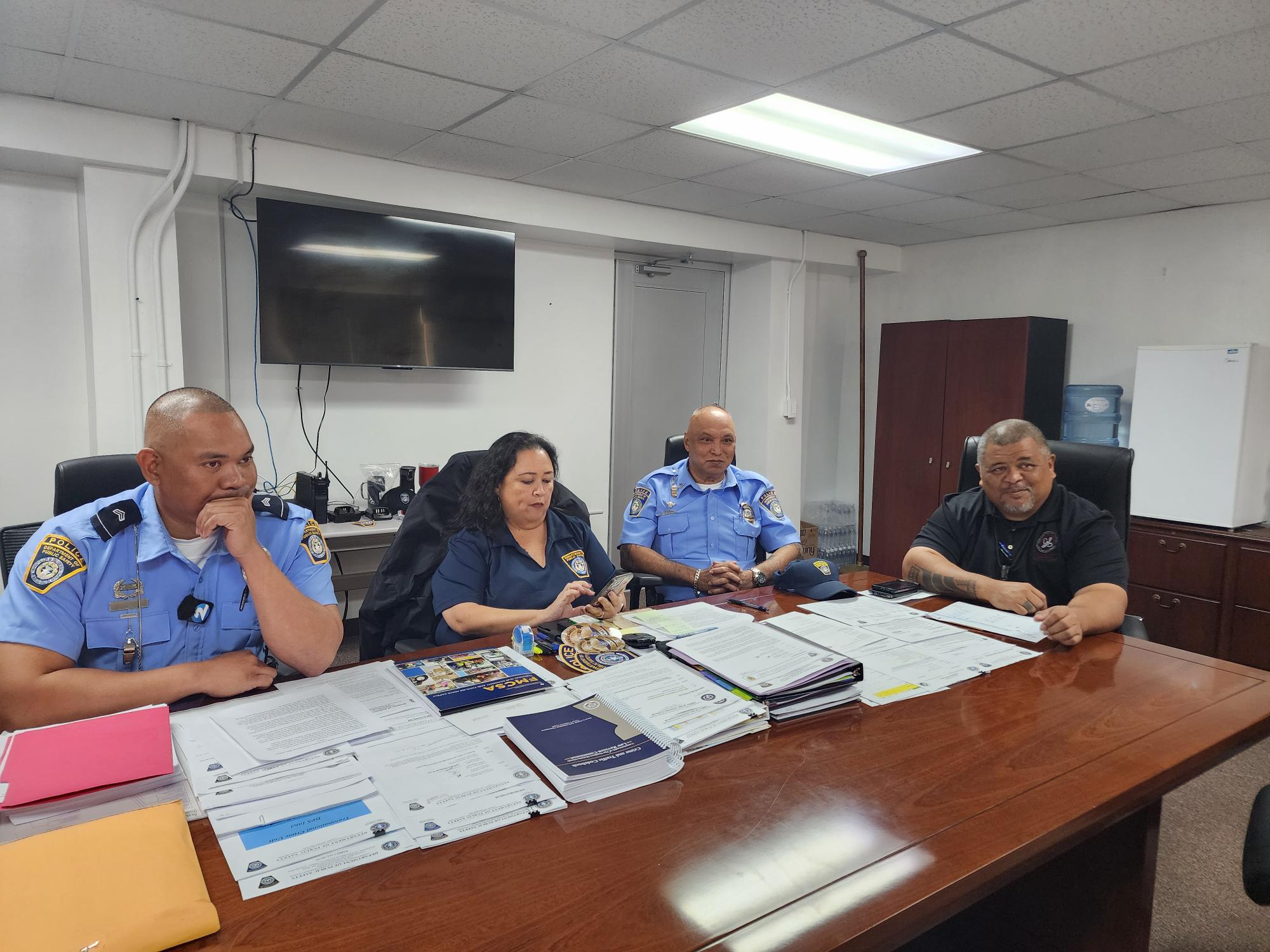 At a press conference on Wednesday, from left, Department of Public Safety-Highway Safety Patrol Sgt. Adrian Mendiola, Highway Safety Coordinator Margaret Camacho, Highway Patrol Commander Vicente Sablan and DPS Public Information Officer Fred Sato.