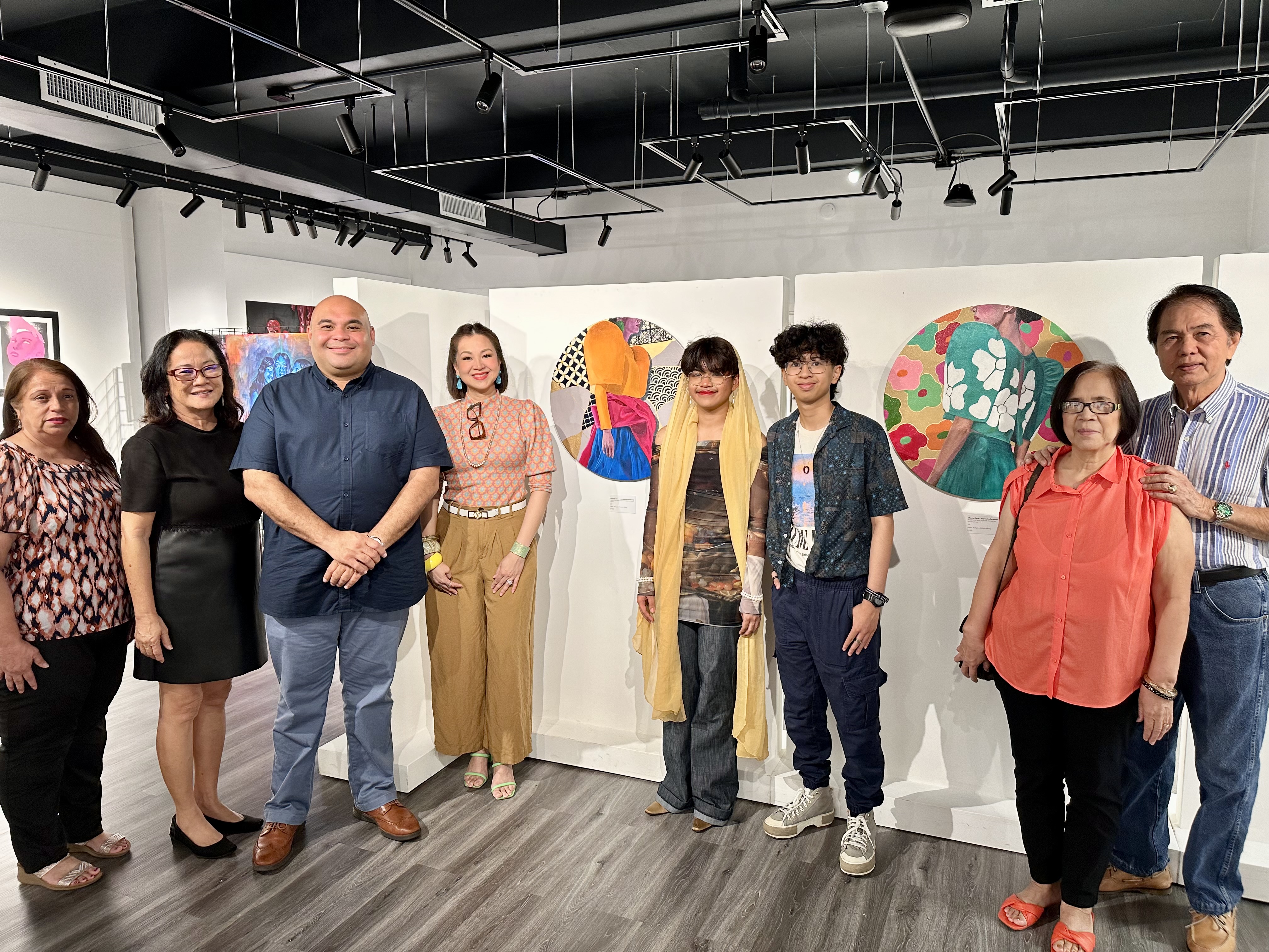 From left, Angie R. Taitague, acting executive director of the Guam Council on the Arts and Humanities Agency; Monica Guzman, CAHA board of director, chair, Joshua F. Tenorio, lt. governor of Guam; Rubyjane Buhain-Redila, artist; Ryan Grey Santos, artist; Jay Buhain Redila, artist; Estrella Buhain, guest; and John R. Buhain, artist at the opening reception of the “Art Alchemy—Elixir of Generations and Mediums” exhibition in Hagatña, Guam.