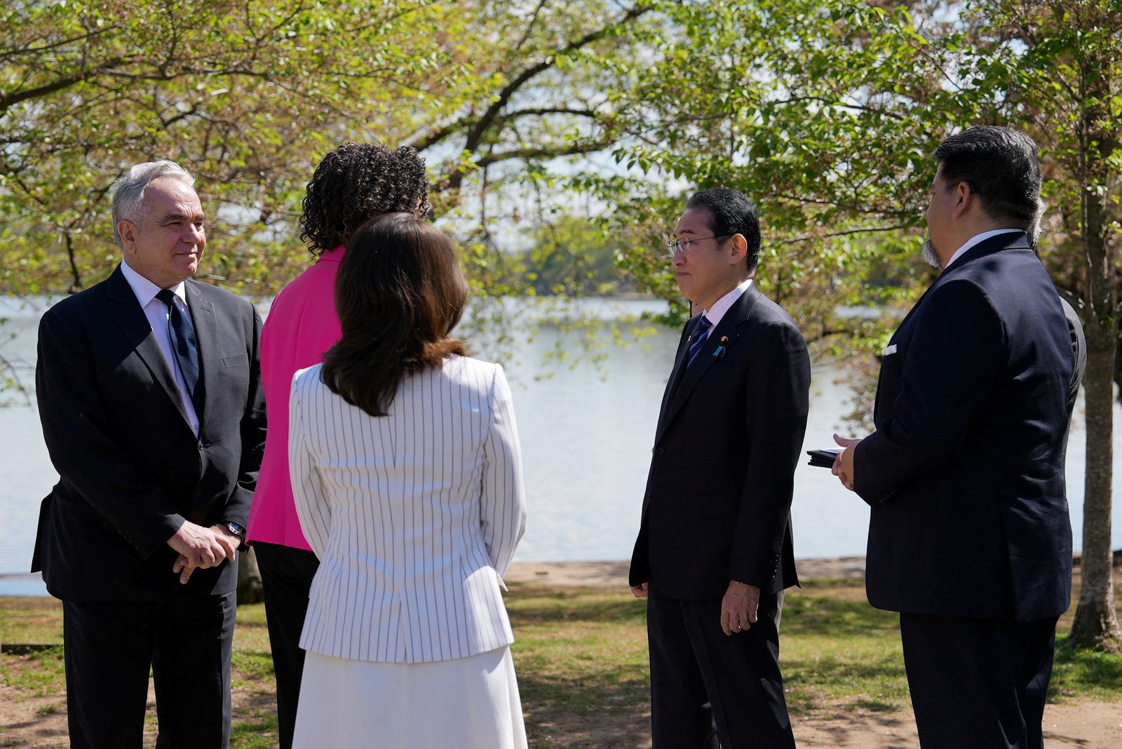 District of Columbia Mayor Muriel Bowser, National Park Service Director Charles Sams, Japanese Prime Minister Fumio Kishida and his wife Yuko Kishida attend an event to pledge 250 new cherry blossom trees to the city of Washington at the historic Tidal Basin, in Washington, D.C., U.S., April 10, 2024. 