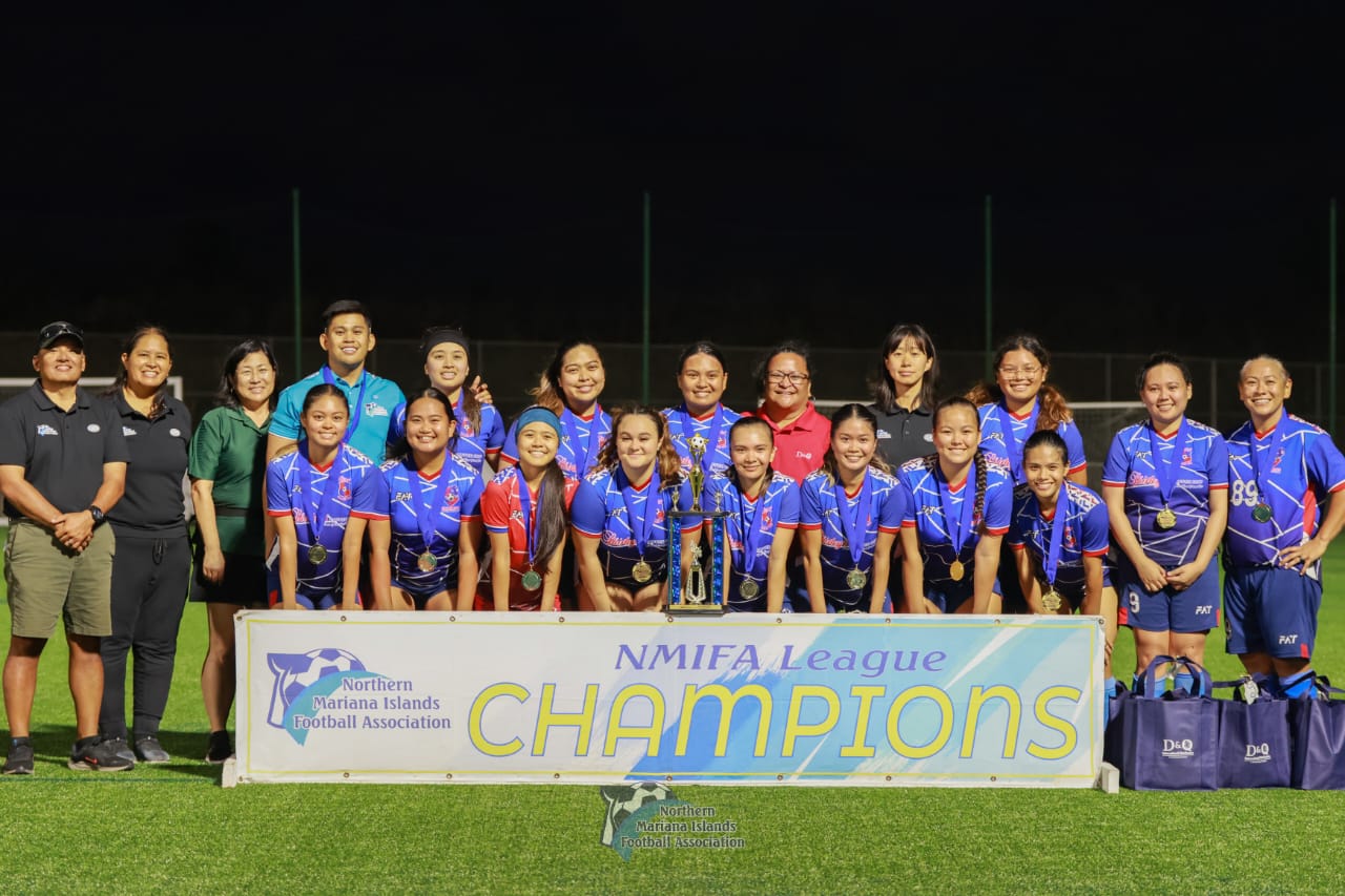 Shirley's Football Club members pose for a photo  after winning the Flores Pee Luwal division title of the Dove Women's League Spring 2024 by beating MP United Football Club Pink in the championship game at the NMI Soccer Training Center in Koblerville on Sunday.