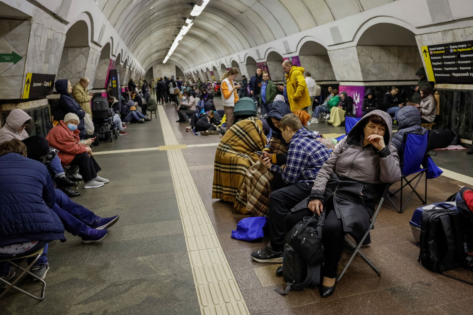 People take shelter inside a metro station during a Russian missile strike, amid Russia's attacks on Ukraine, in Kyiv, Ukraine, April 11, 2024. 