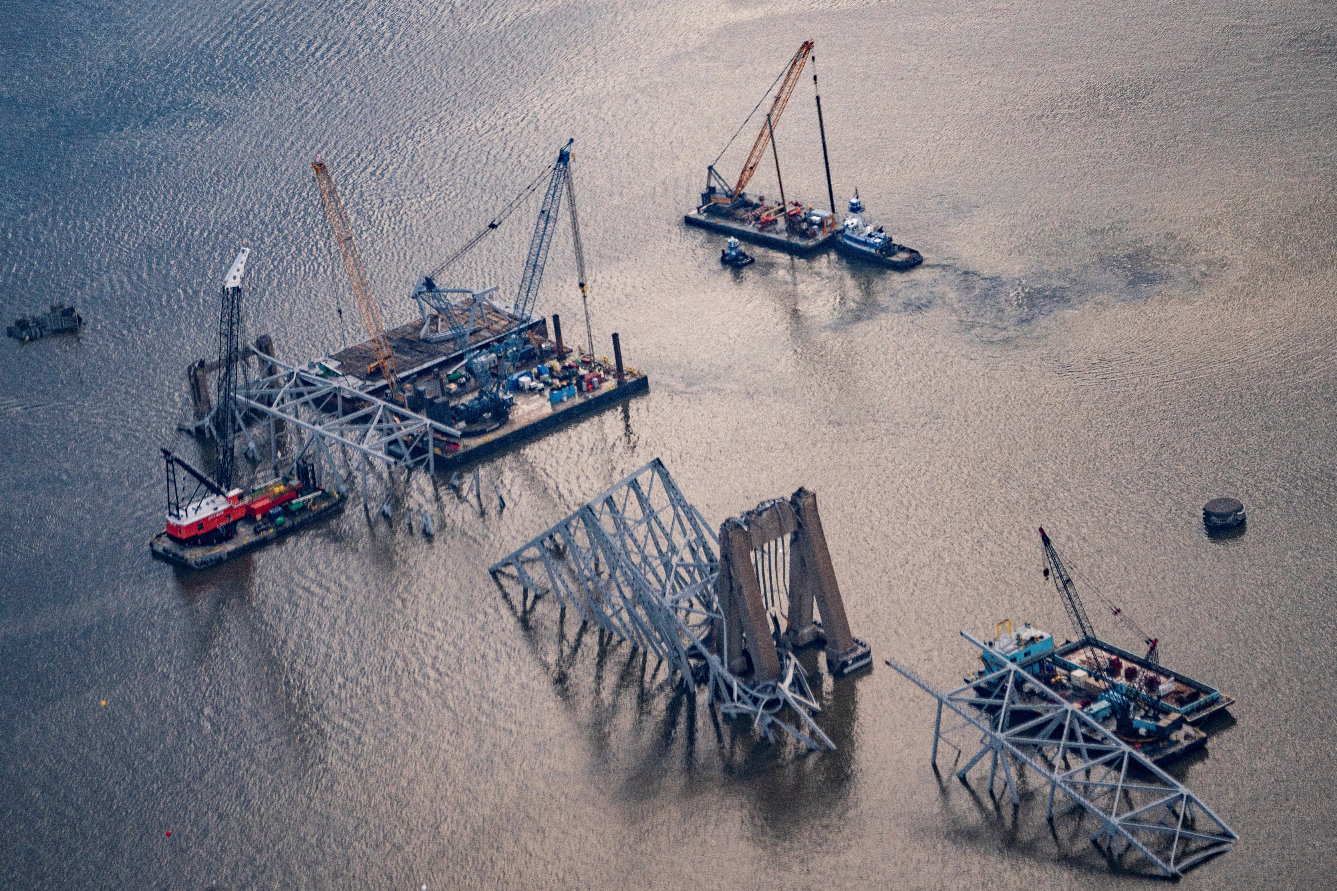 View of the Francis Scott Key Bridge which collapsed after being struck by the Dali cargo vessel in Baltimore, Maryland, U.S., April 4, 2024. 