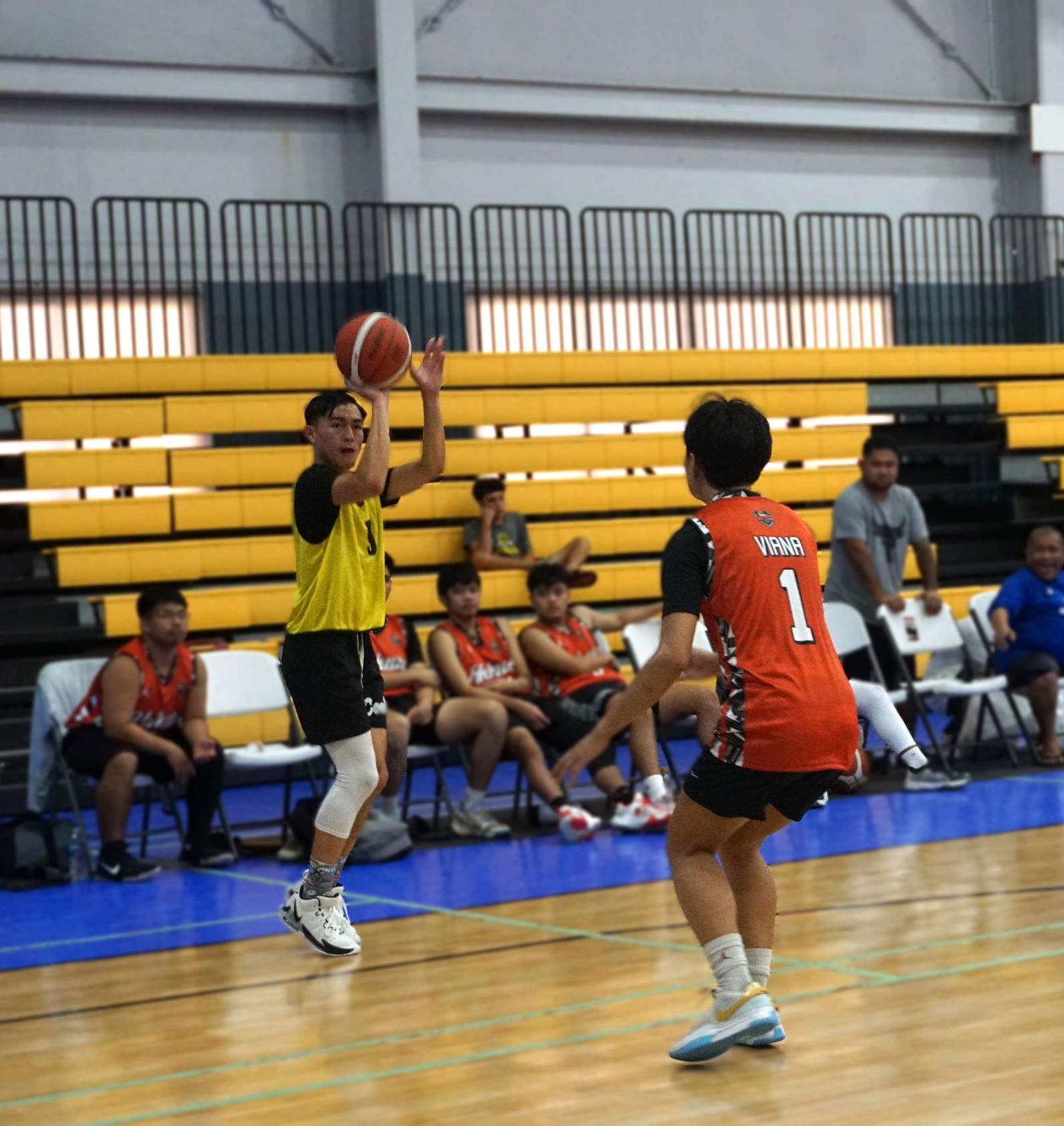 Bridge Capital's Steve Kim pulls up for the three-point shot during a men's open division game of Michelob Ultra Cup 2024 at the Ada gym on Saturday.