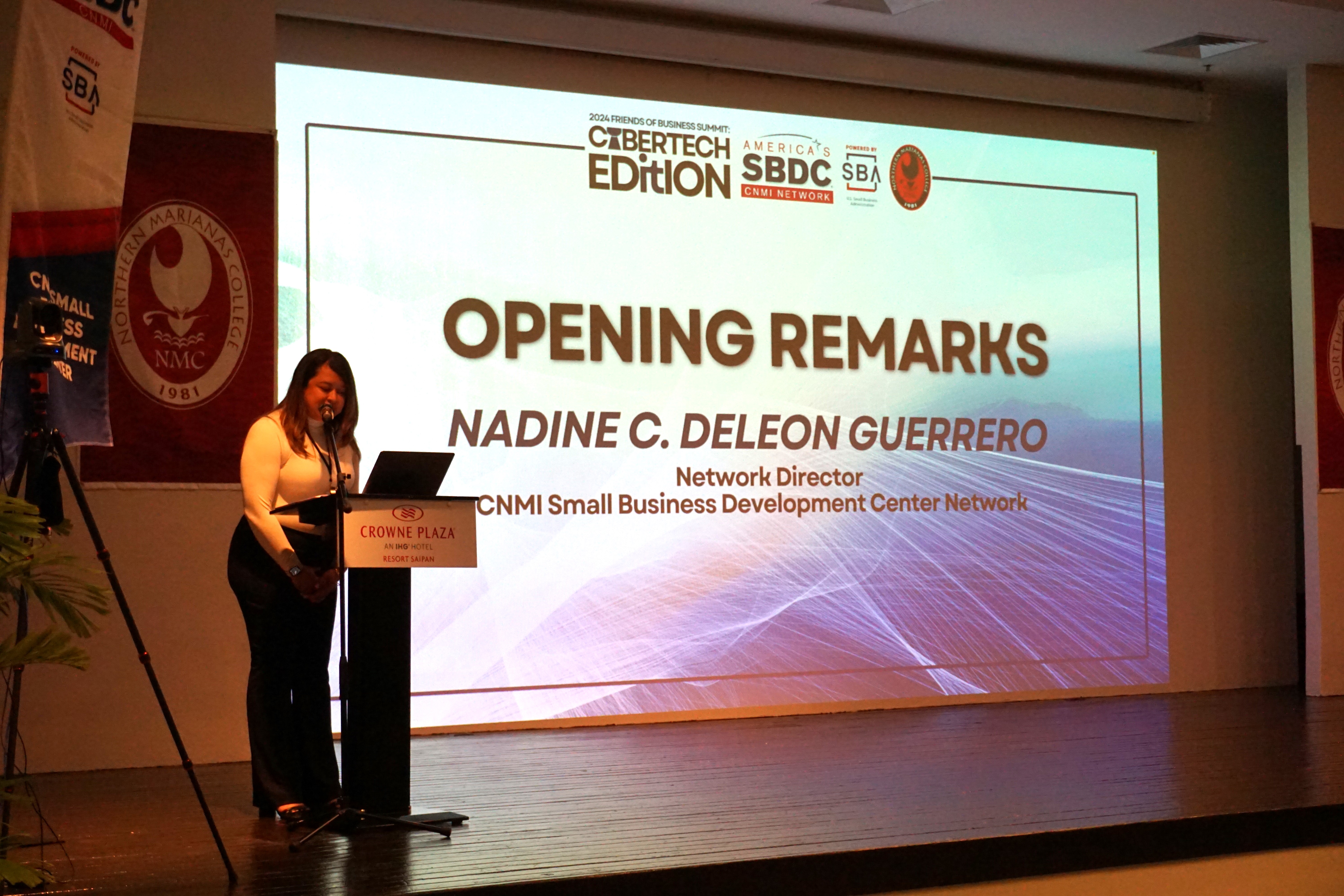 Nadine C. Deleon Guerrero, CNMI Small Business Development Center Network director, delivers the opening remarks at the 2024 Friends of Business Summit: CyberTech Edition at Crowne Plaza Resort on Thursday, April 4.