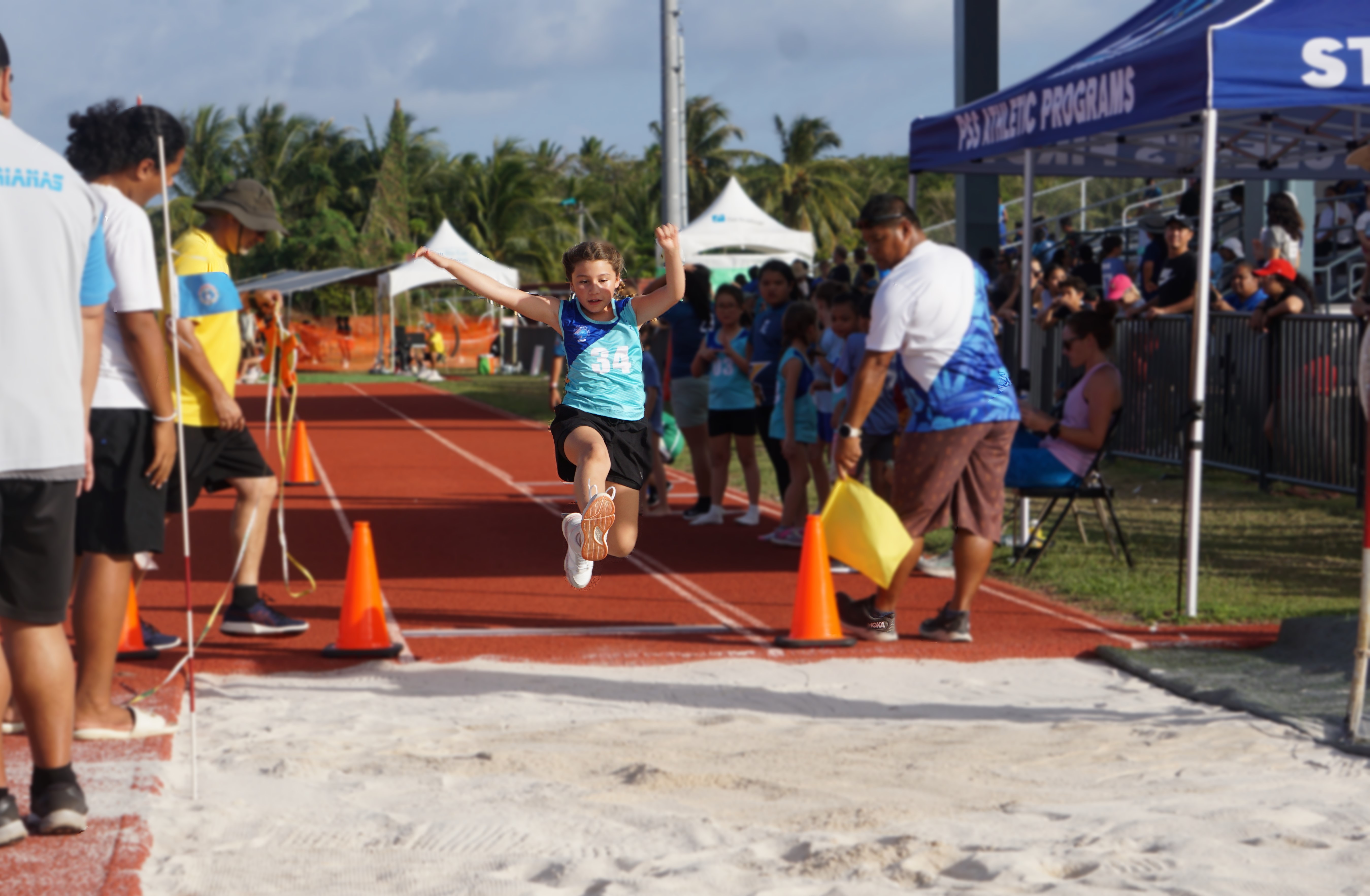 A Saipan International School student makes her attempt in the U9 long jump event of the PSS All School Track & Field (Athletics) SY 23-24 at the Oleai Sports Complex on Thursday.