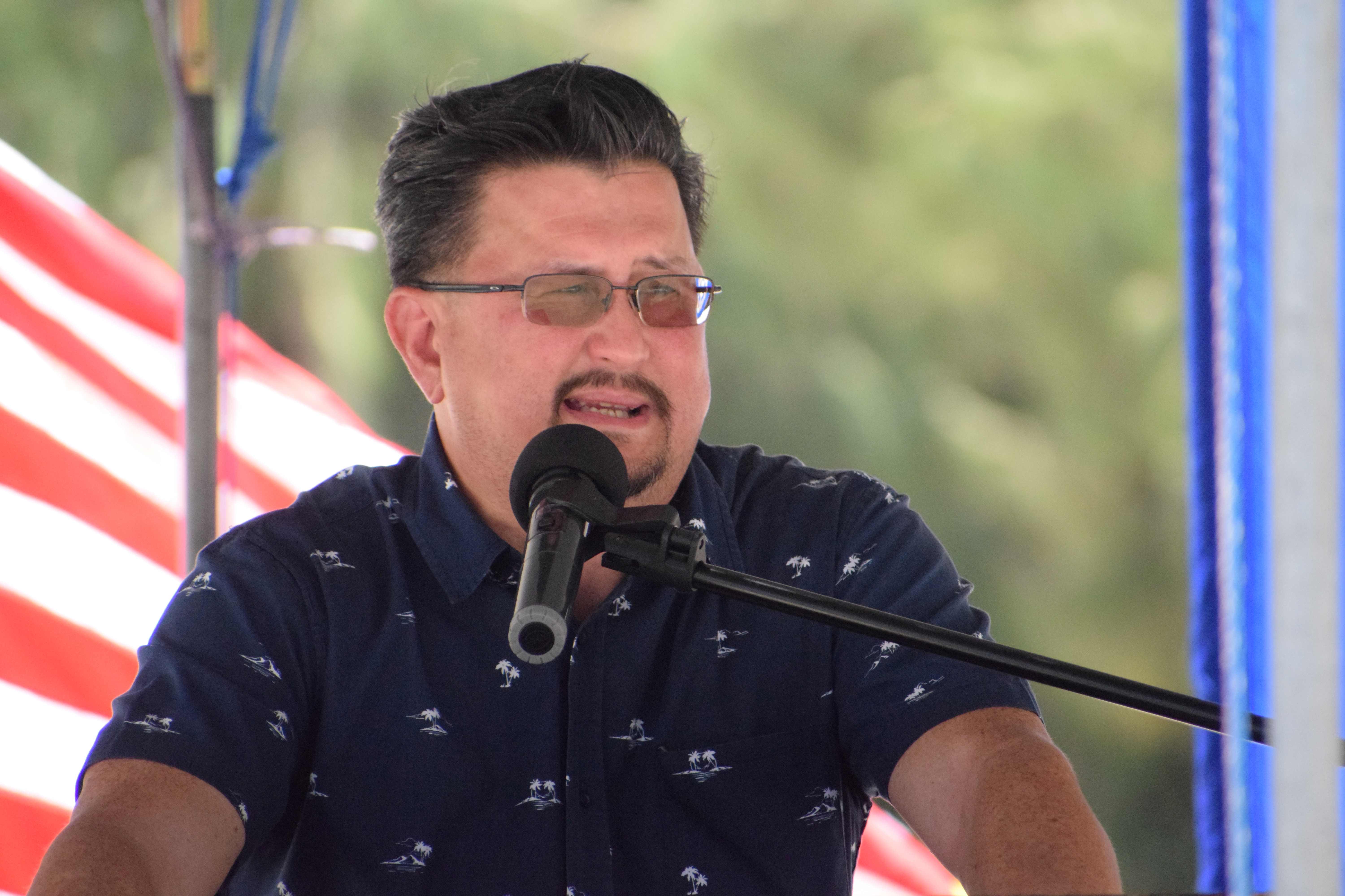 House Floor Leader Edwin Propst delivers his remarks during the groundbreaking ceremony for the Pakpak Beach Park and Koblerville Children's Park projects on Tuesday.