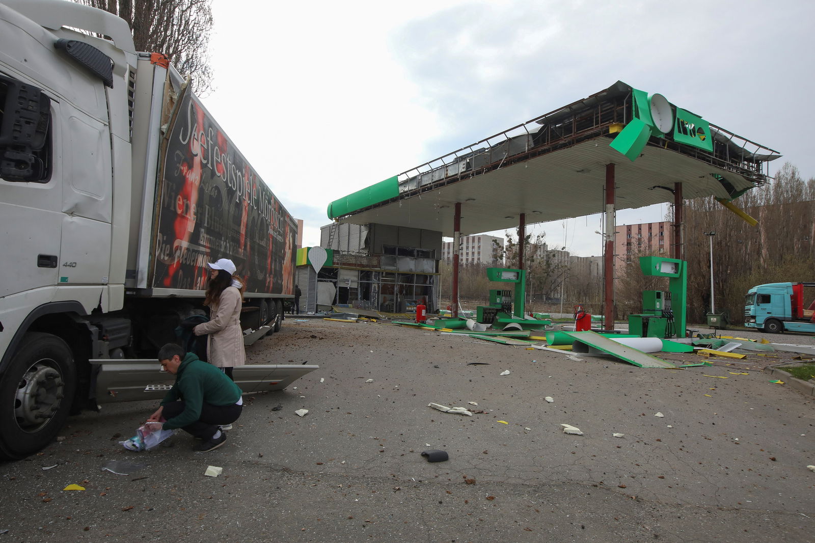 A view shows a fuel station damaged during Russian missile and drone strikes, amid Russia's attack on Ukraine, in Kharkiv, Ukraine April 6, 2024. 