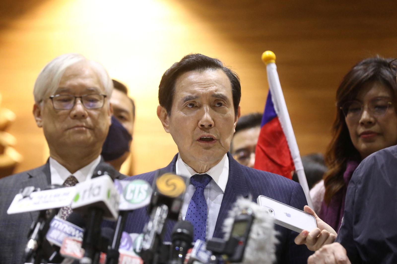 Former Taiwanese President Ma Ying-jeou speaks to the media at Taoyuan international airport after concluding his 12-day trip to China in Taoyuan, Taiwan April 7, 2023. 