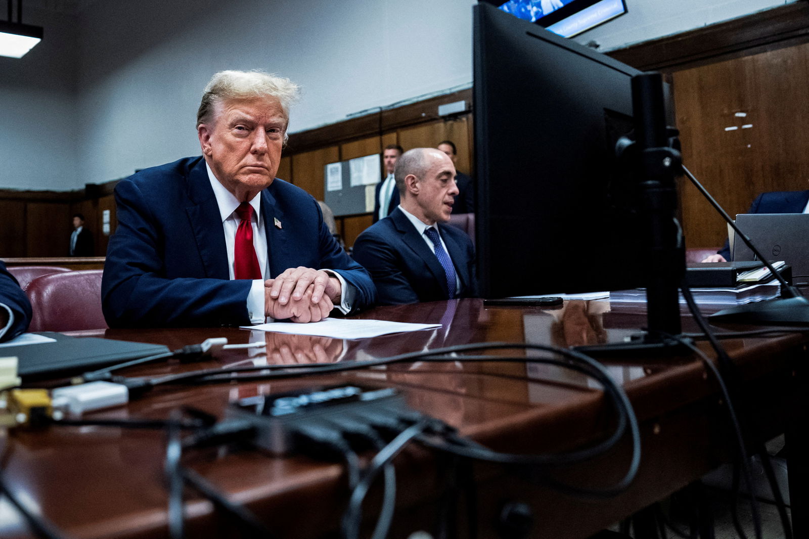 Former President Donald Trump at the Manhattan criminal court with his legal team ahead of the start of jury selection in New York on Monday, April 15, 2024.