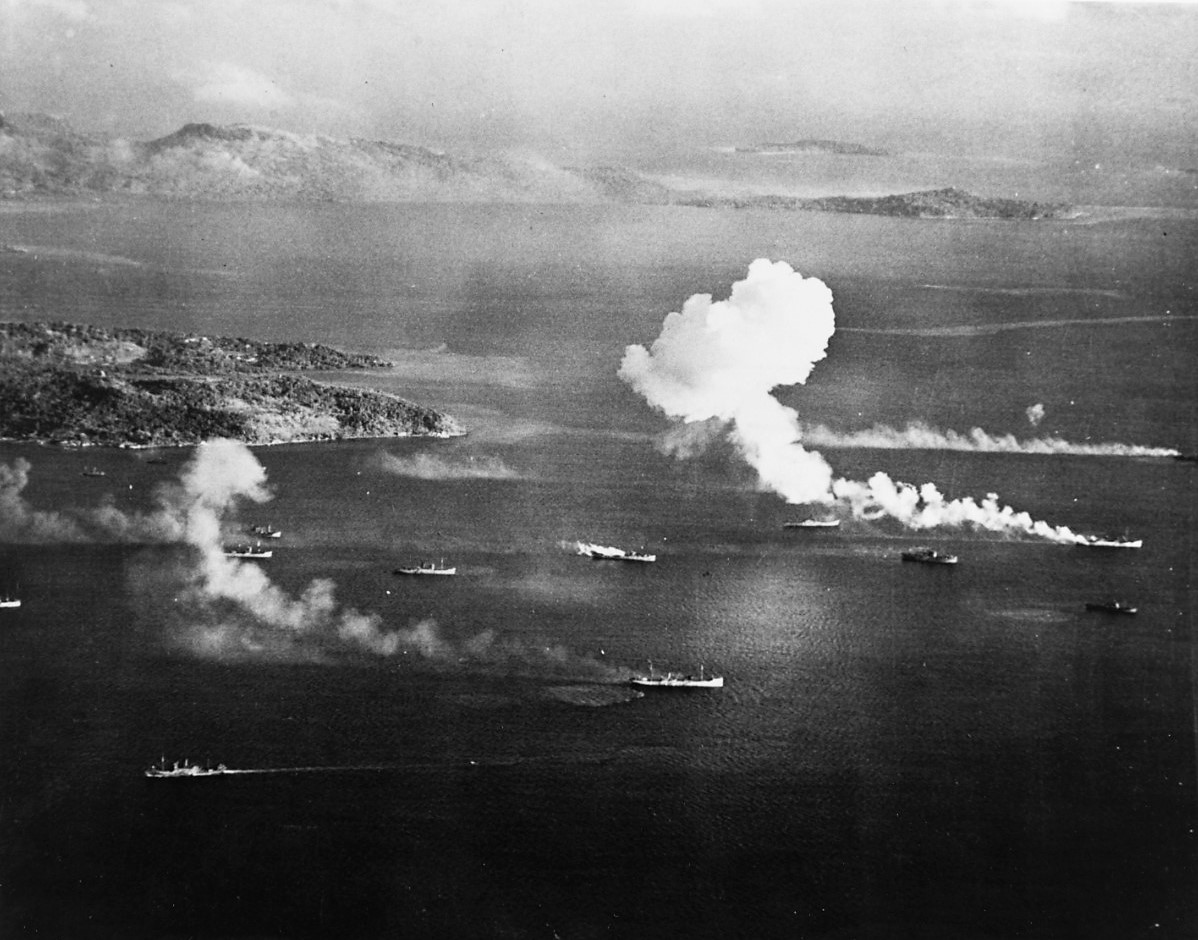 Japanese ships under attack in Truk Lagoon during Operation Hailstone, Feb. 17, 1944.