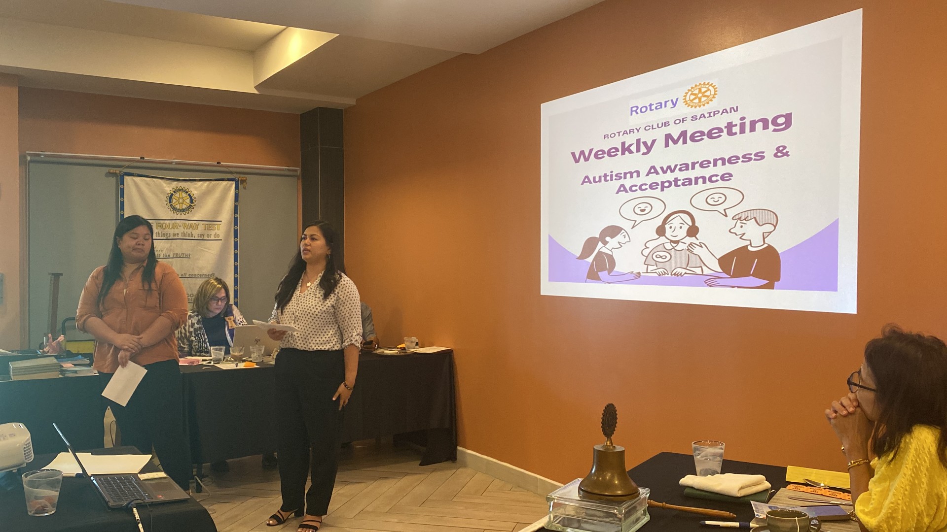 Chrislane Manibusan, right, talks about the Family to Family Health Information Center during the Rotary Club of Saipan’s meeting on April 2 at Crowne Plaza Resort.