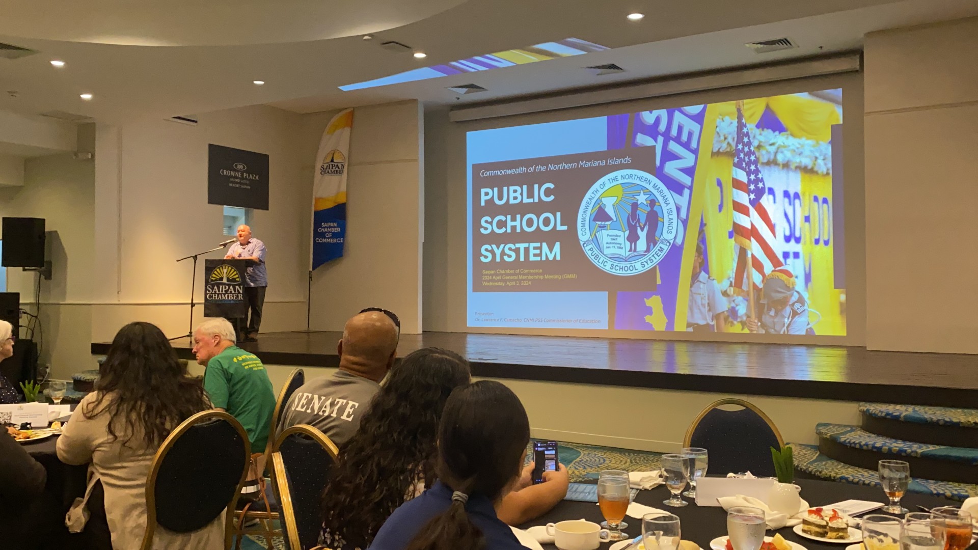 Education Commissioner Lawrence Camacho, Ed.D., speaks during the Saipan Chamber of Commerce meeting at Crowne Plaza Resort on Wednesday, April 3.