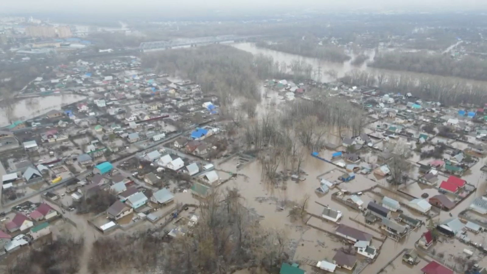 An aerial view shows flooded area in Orenburg, Russia, in this still image taken from video released April 8, 2024. 