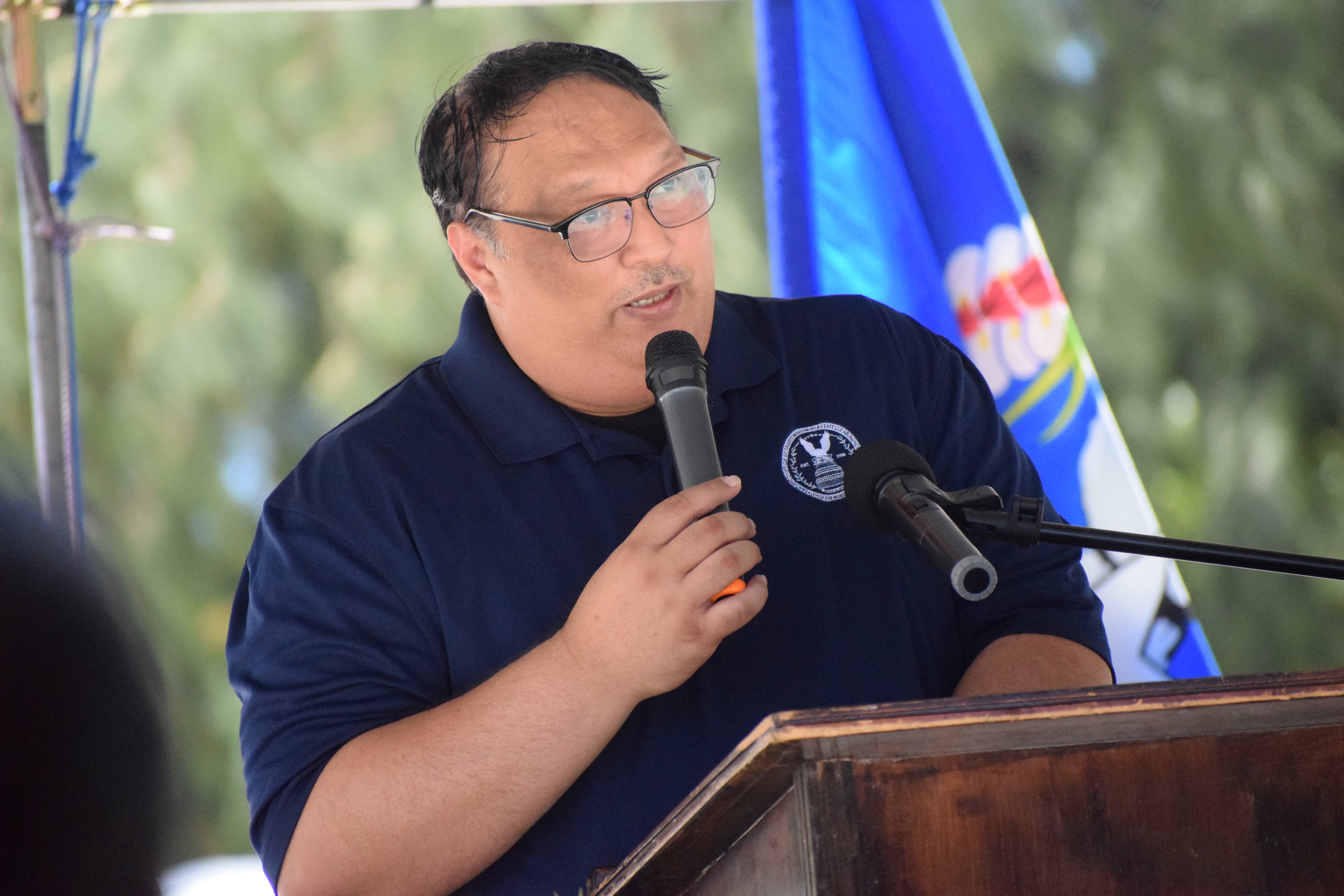 Office of Grants Management Administrator Epiphanio E. Cabrera Jr. delivers his remarks during the groundbreaking ceremony for the Pakpak Beach Park and Koblerville Children's Park projects on Tuesday.