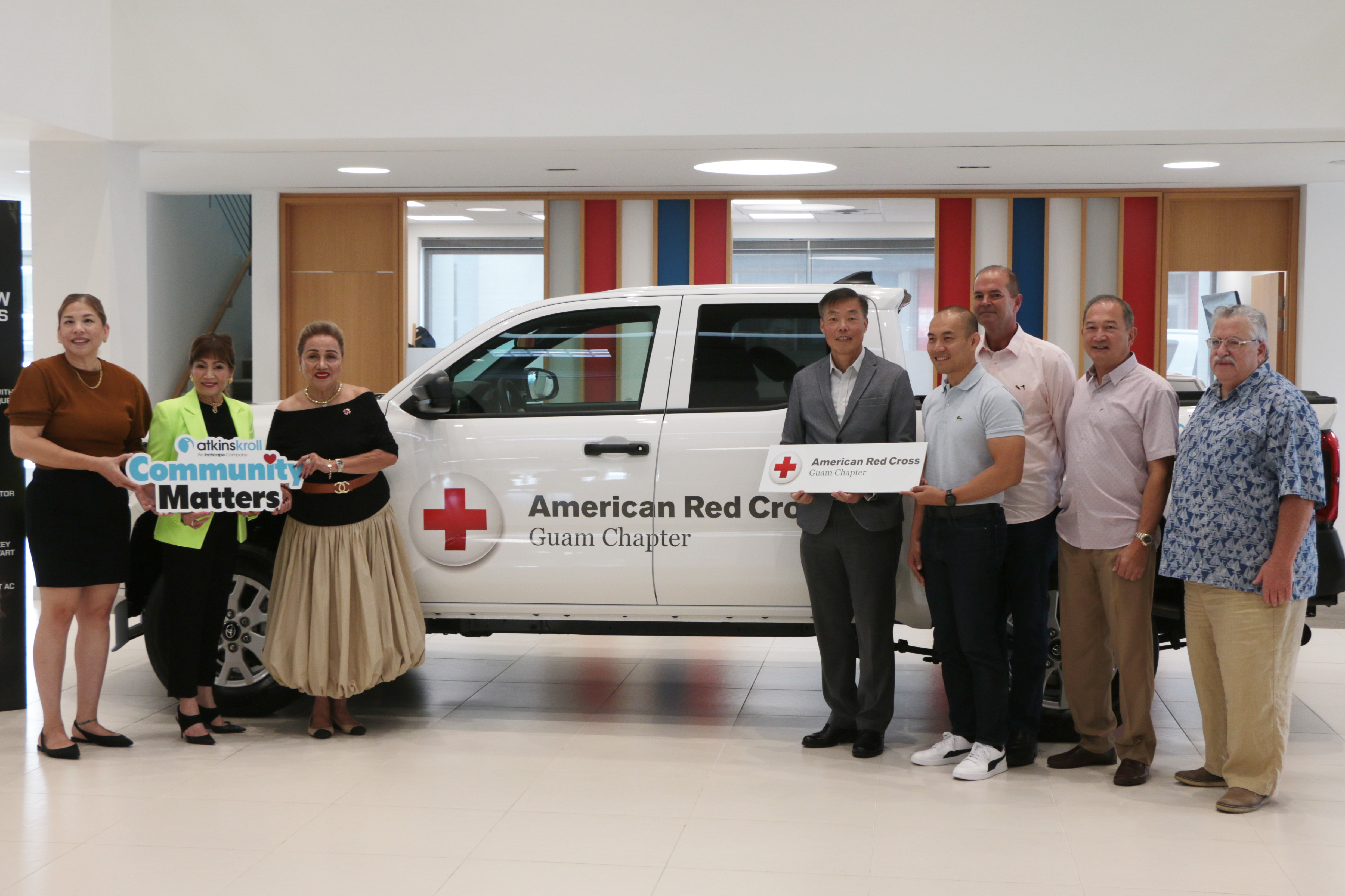 As part of Atkins Kroll’s 110th anniversary celebration, Atkins Kroll President Alex Yap presents the American Red Cross Guam Chapter with a 2024 Toyota Tacoma on Tuesday, April 23, 2024, during a ceremony at the AK Toyota Showroom in Tamuning. Pictured from left are Marilyn Borja, marketing director, Docomo Pacific and ARC board member; Nita Baldovino, president, Rambies and Island Pharmacy and ARC corporate hero; Chita Blaise, chief executive officer, ARC; Yap; Marcos Fong, group chief executive officer, Glimpses of Guam, Inc. and ARC chairperson; Jim Herbert, general manager, Five Star Wholesale and ARC board member; Ed Ilao, president, JMI Group of Companies and ARC board member; and Robert Marks, president, Hagåtña Bay Consulting Inc. and ARC board member.