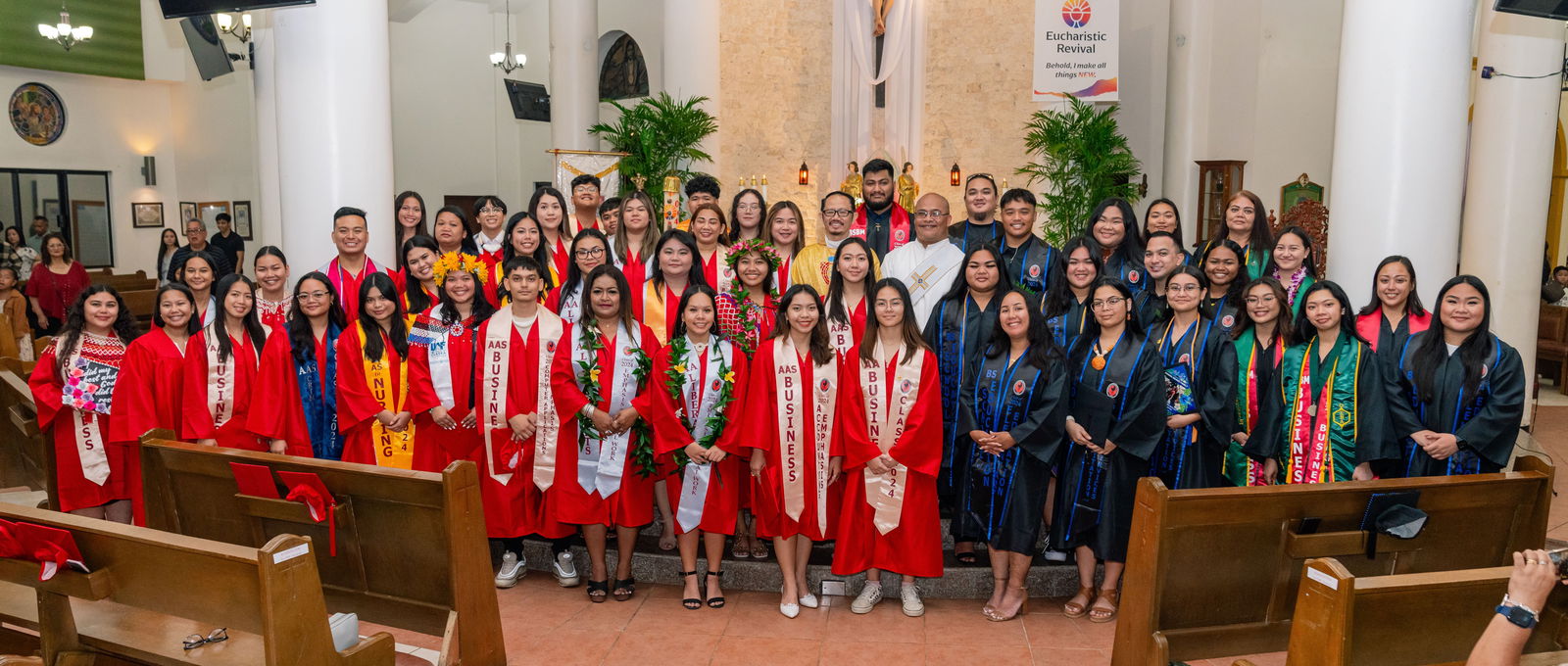 Members of Northern Marianas College’s Class of 2024 pose for a photo during a baccalaureate Mass at Saint Jude Church on Wednesday. NMC will confer a record number of associate and bachelor degrees at its 43rd Commencement Exercises today, Friday, May 17, 2024.