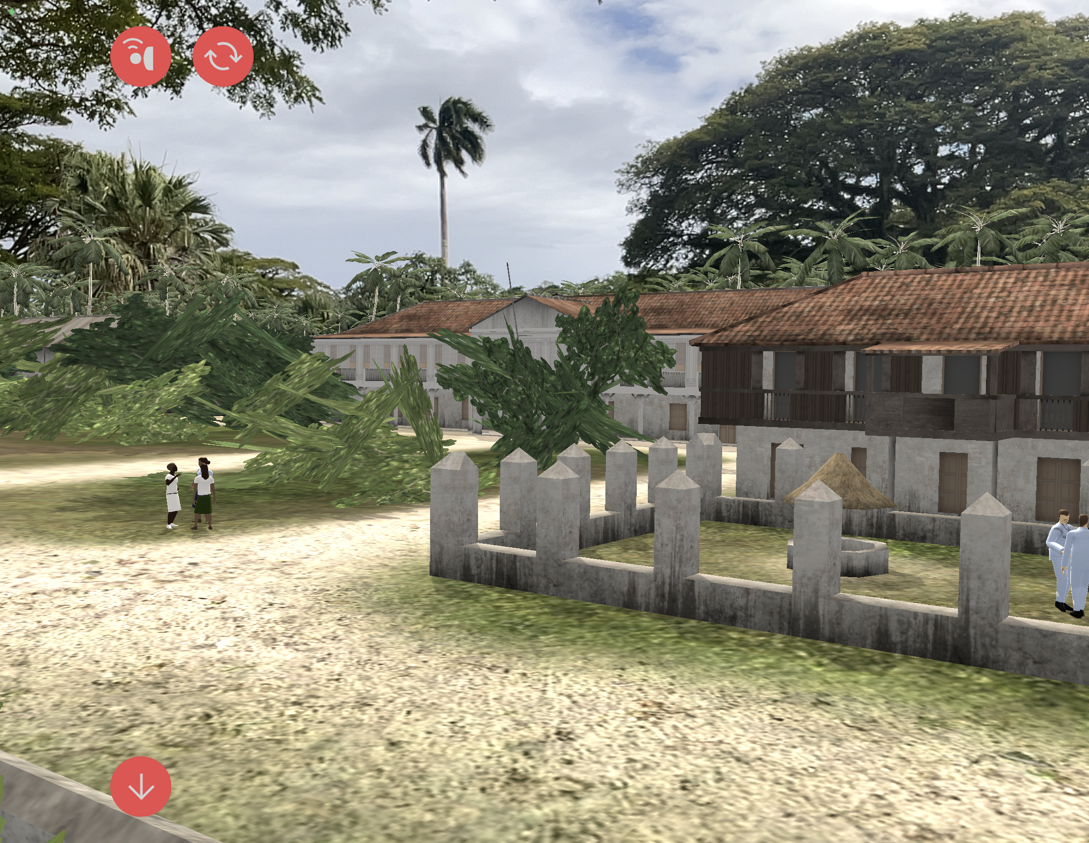 The Bisita: Historic Guam mobile app displays a view of the Government Palace projected over contemporary Plaza de España.