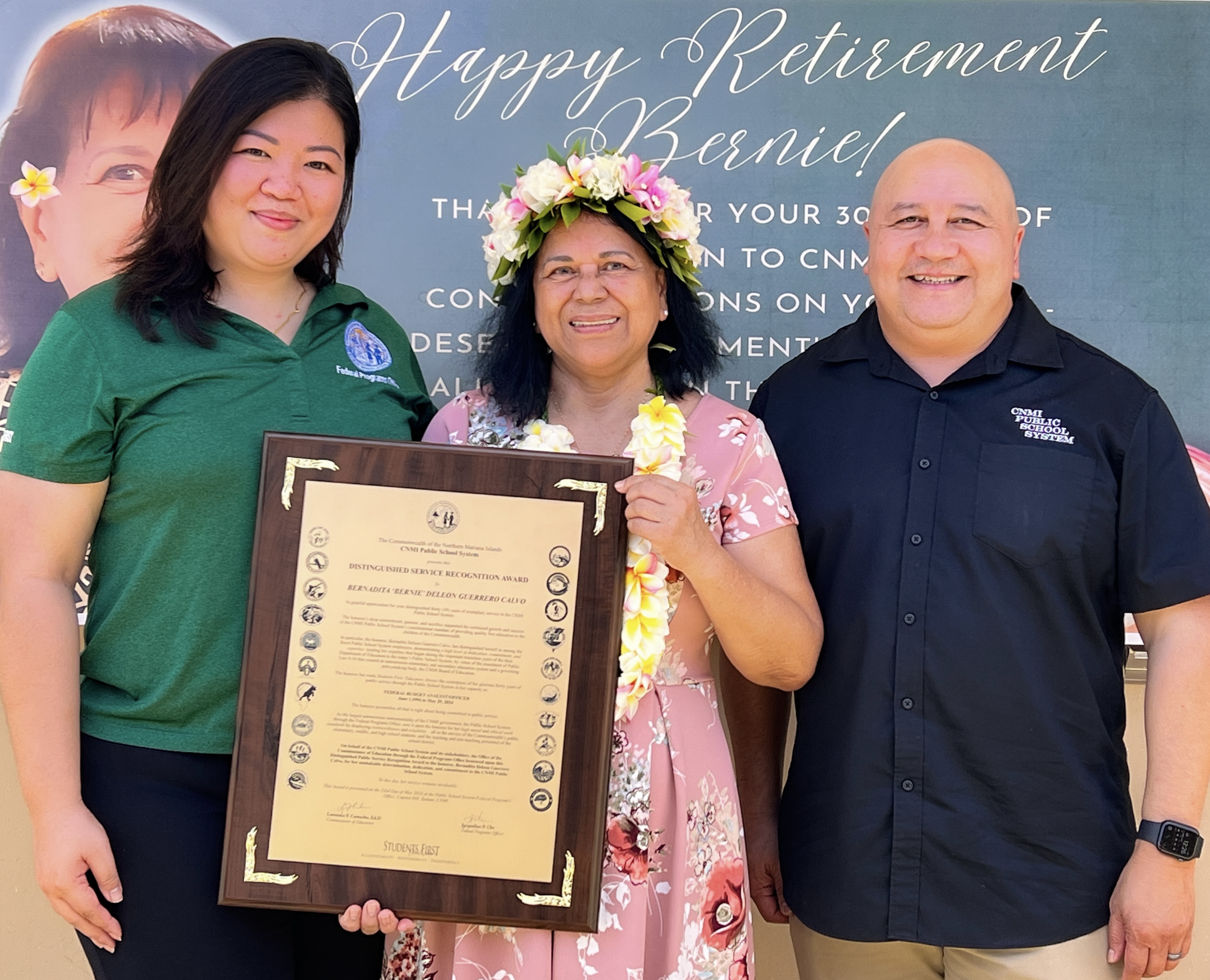 Bernardita “Bernie” DLG Calvo is commended for her contributions to the Public School System by her immediate supervisor, PSS Federal Programs Director Jacqueline Che, and Commissioner of Education Dr. Lawrence F. Camacho.