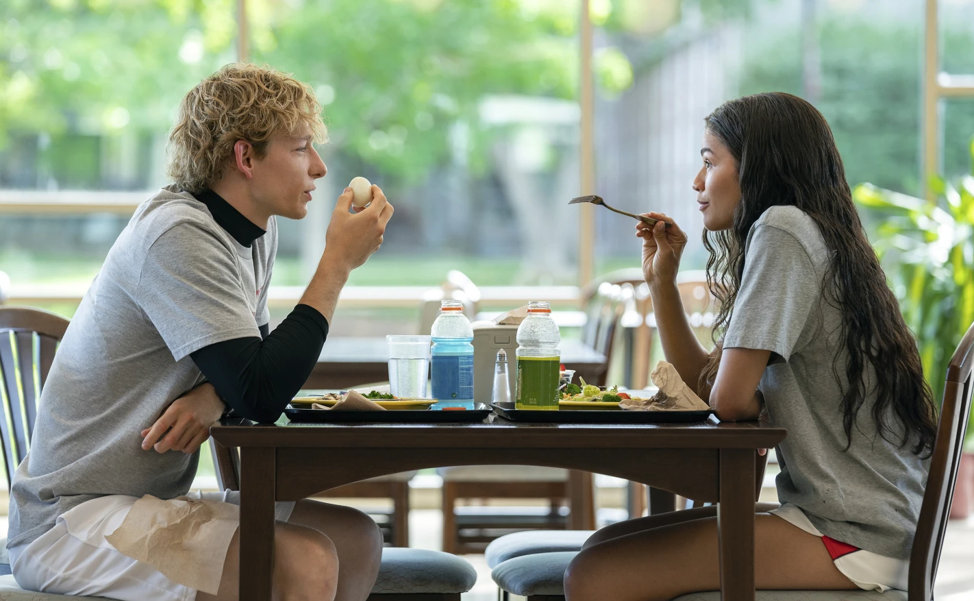 Mike Faist, left, and Zendaya in a scene from “Challengers.”