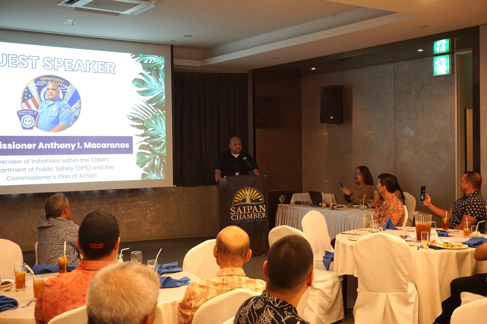 Acting Department of Public Safety Commissioner Anthony Macaranas delivers his remarks during the Saipan Chamber of Commerce meeting at Saipan World Resort on Wednesday, May 1.